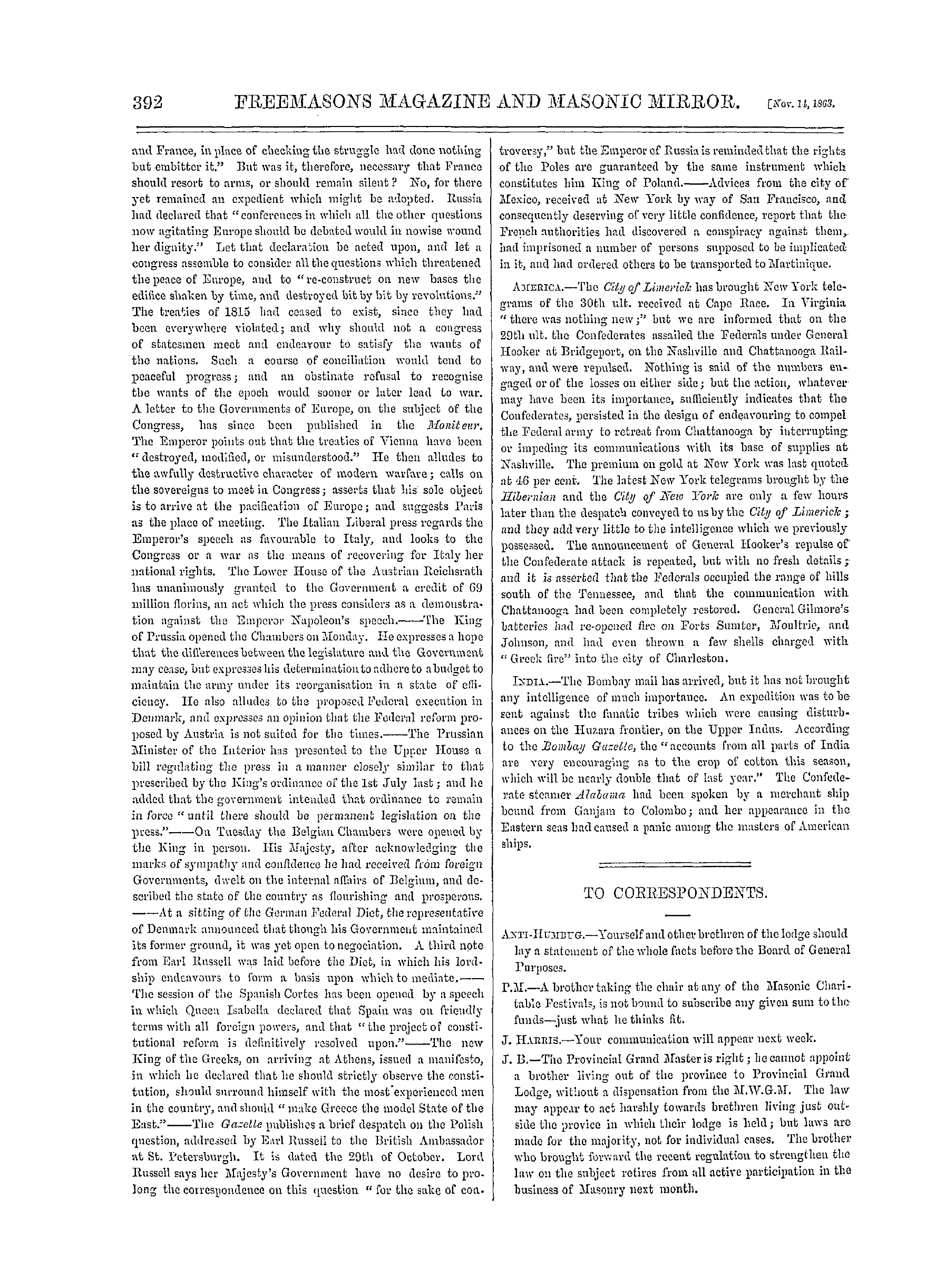 The Freemasons' Monthly Magazine: 1863-11-14 - The Week.