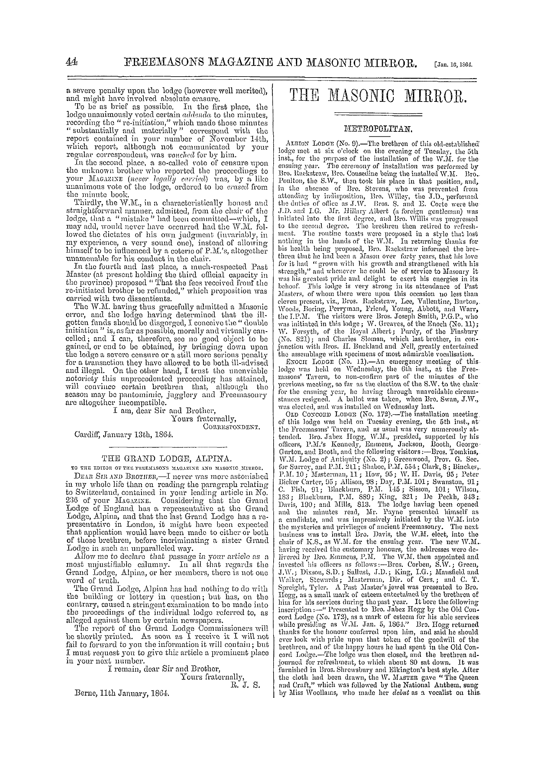 The Freemasons' Monthly Magazine: 1864-01-16 - The Masonic Mirror.