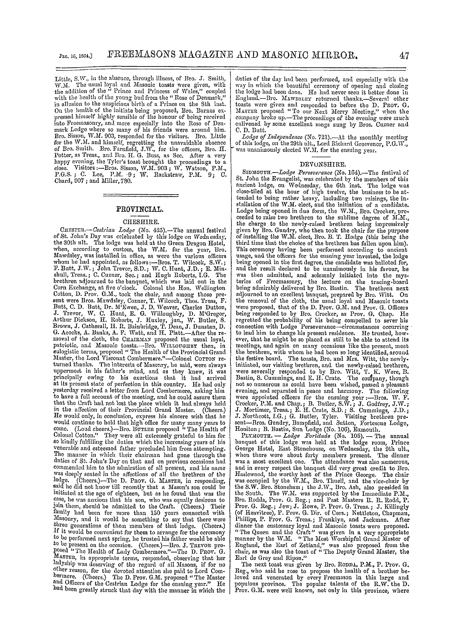 The Freemasons' Monthly Magazine: 1864-01-16 - Provincial.