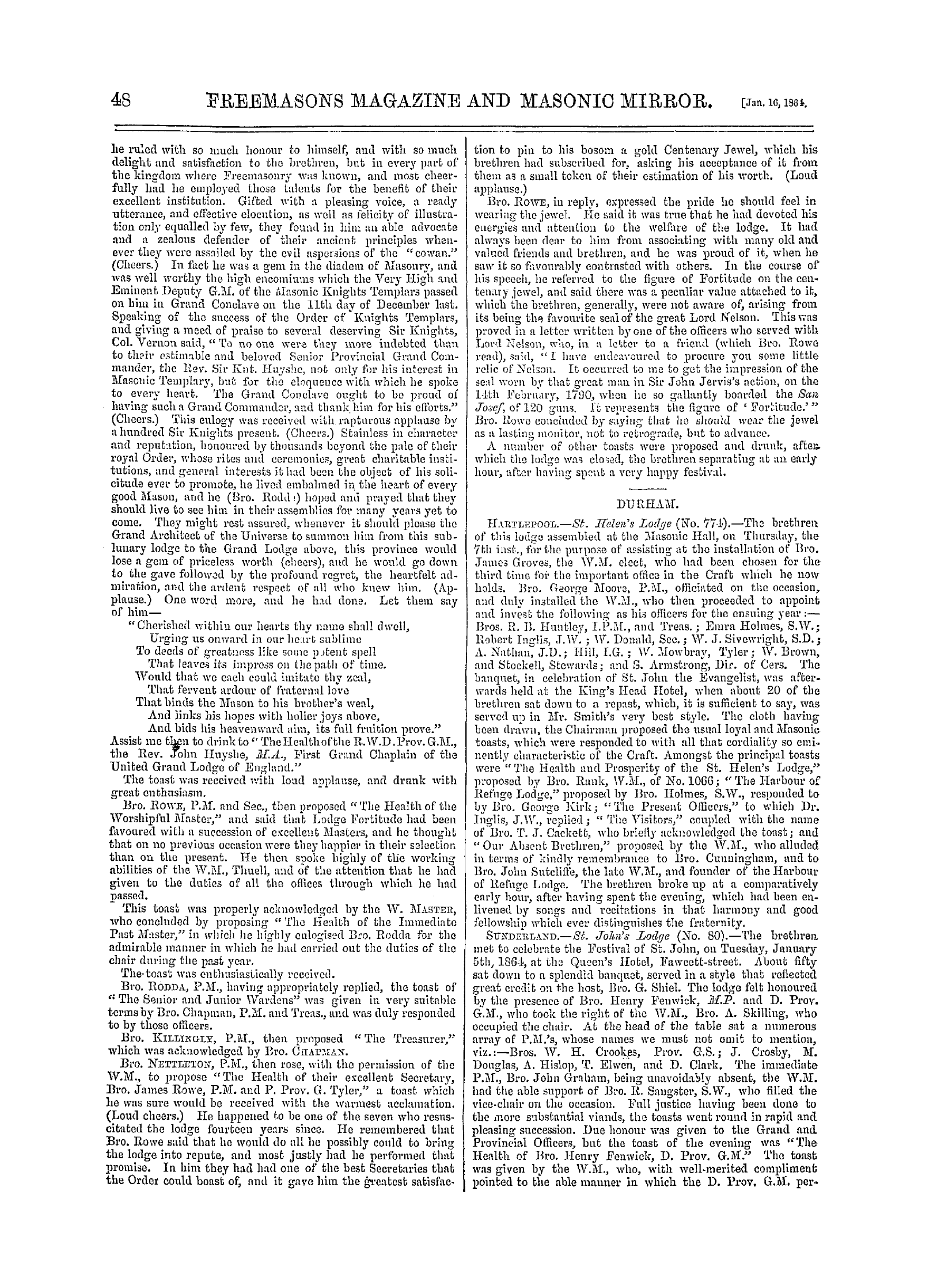 The Freemasons' Monthly Magazine: 1864-01-16 - Provincial.