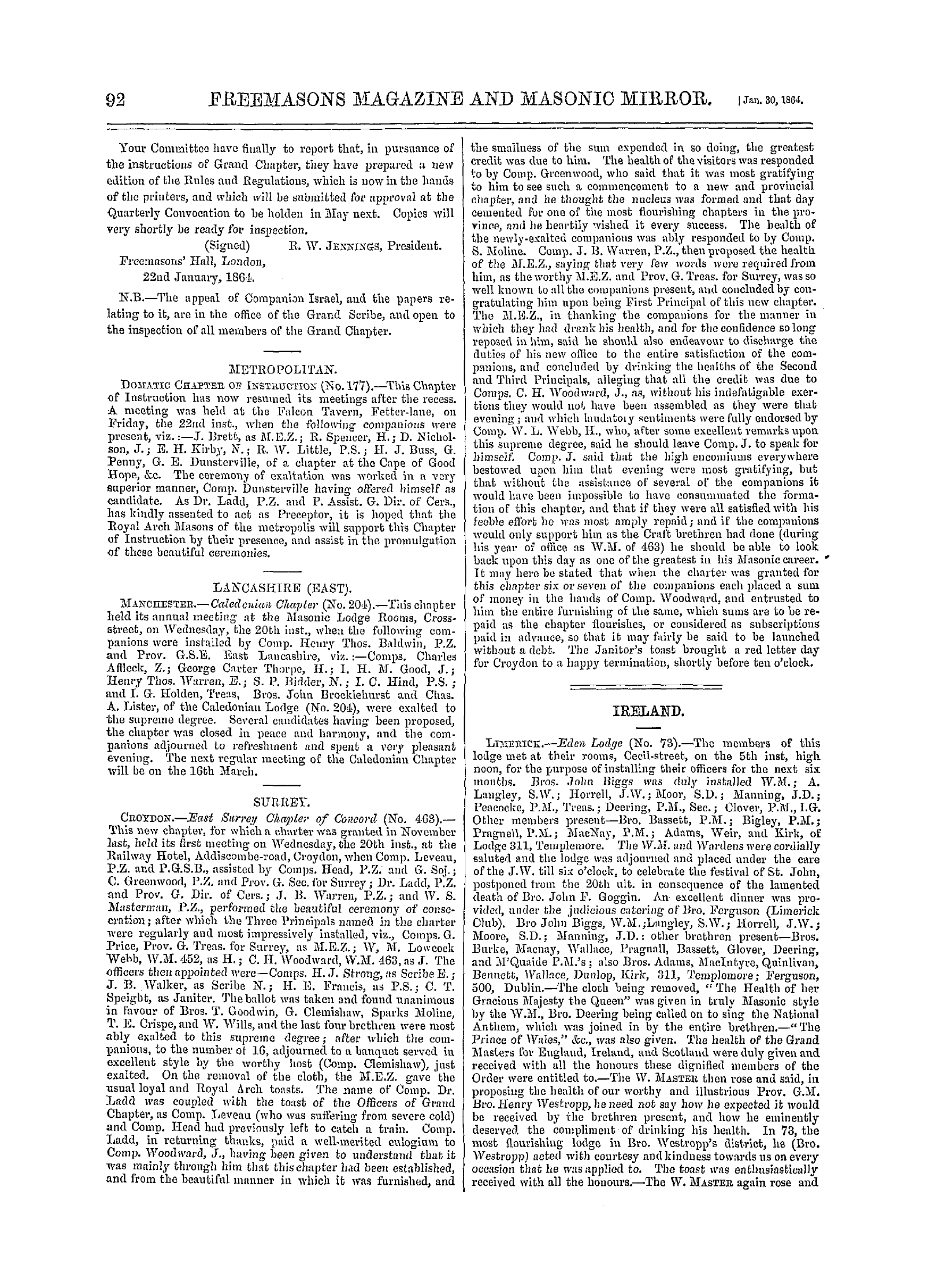 The Freemasons' Monthly Magazine: 1864-01-30 - Royal Arch.