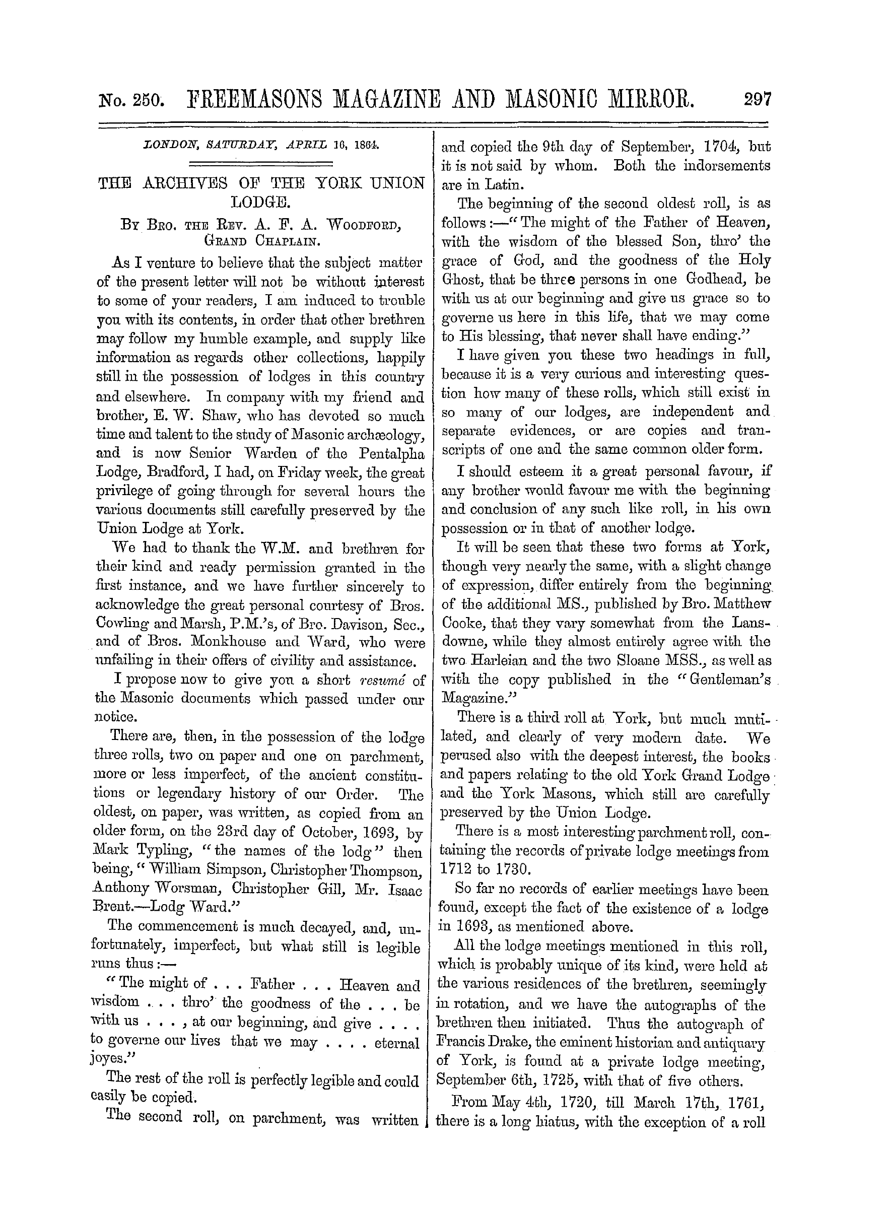 The Freemasons' Monthly Magazine: 1864-04-16 - The Archives Of The York Union Lodge.