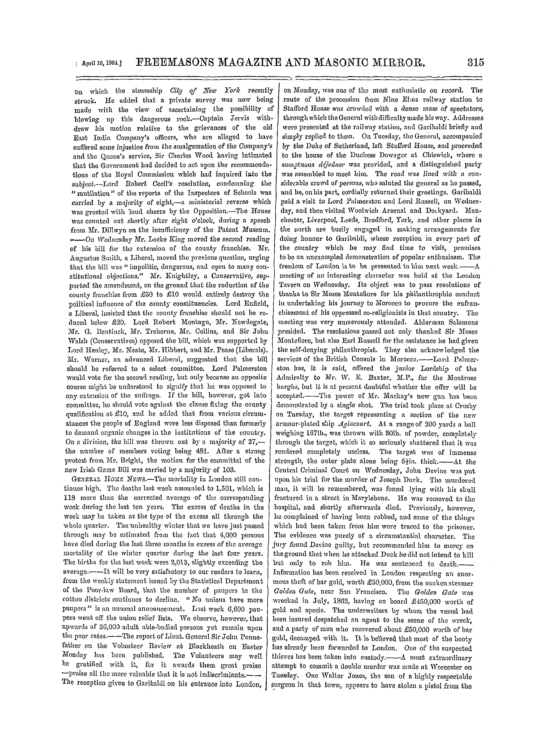 The Freemasons' Monthly Magazine: 1864-04-16 - The Week.