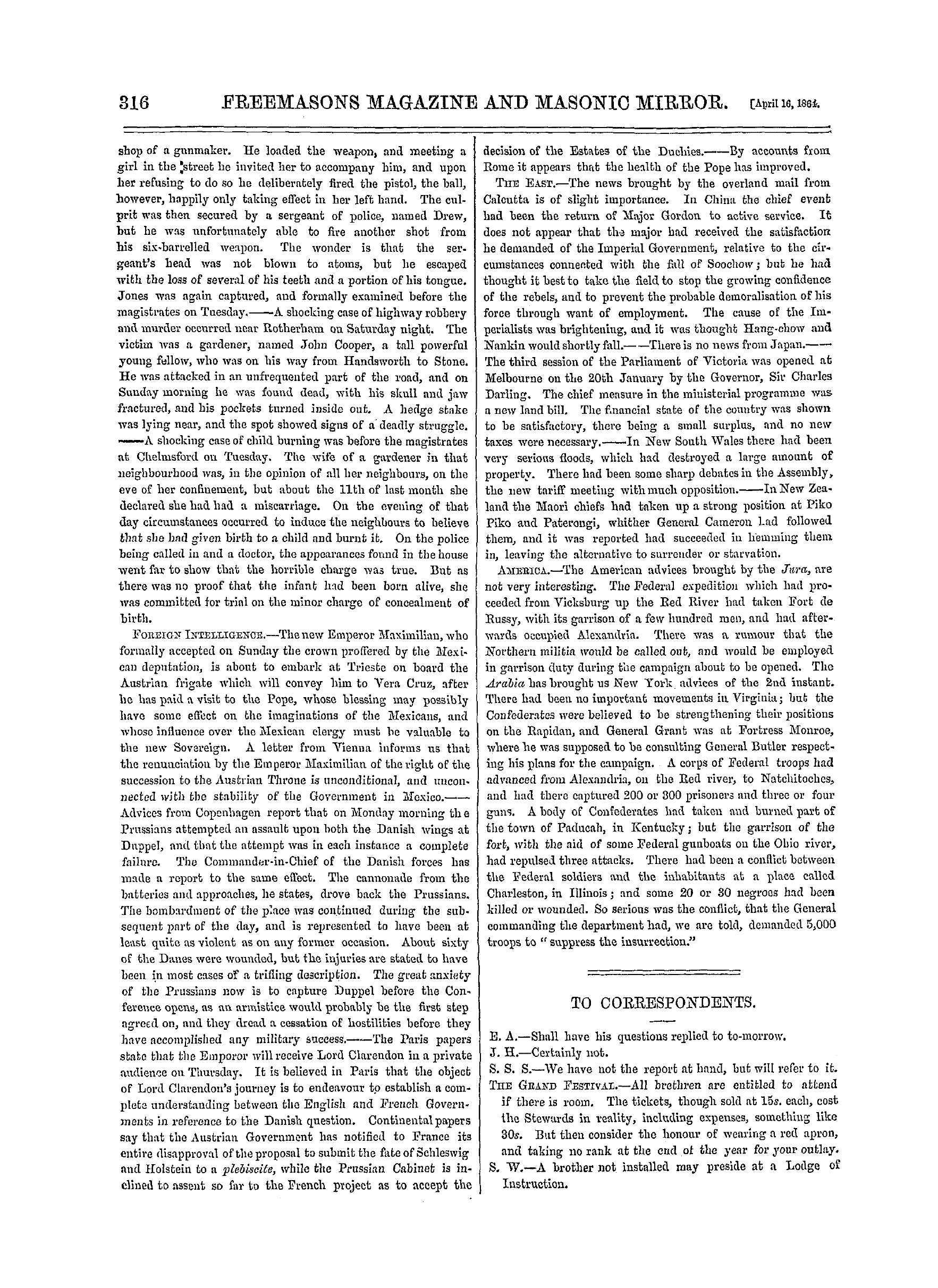 The Freemasons' Monthly Magazine: 1864-04-16 - The Week.