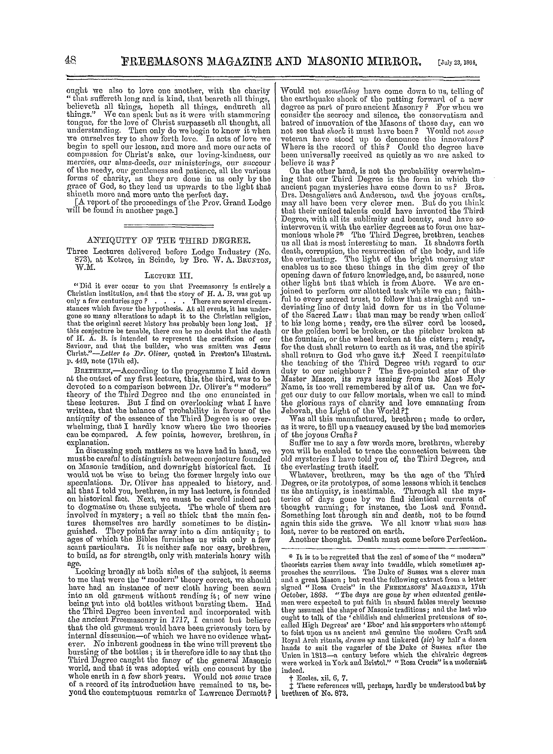 The Freemasons' Monthly Magazine: 1864-07-23 - Brotherly Love.