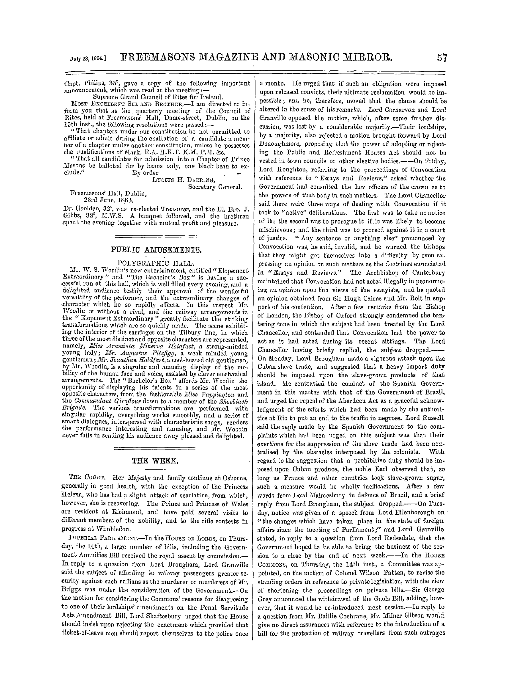 The Freemasons' Monthly Magazine: 1864-07-23 - The Week.