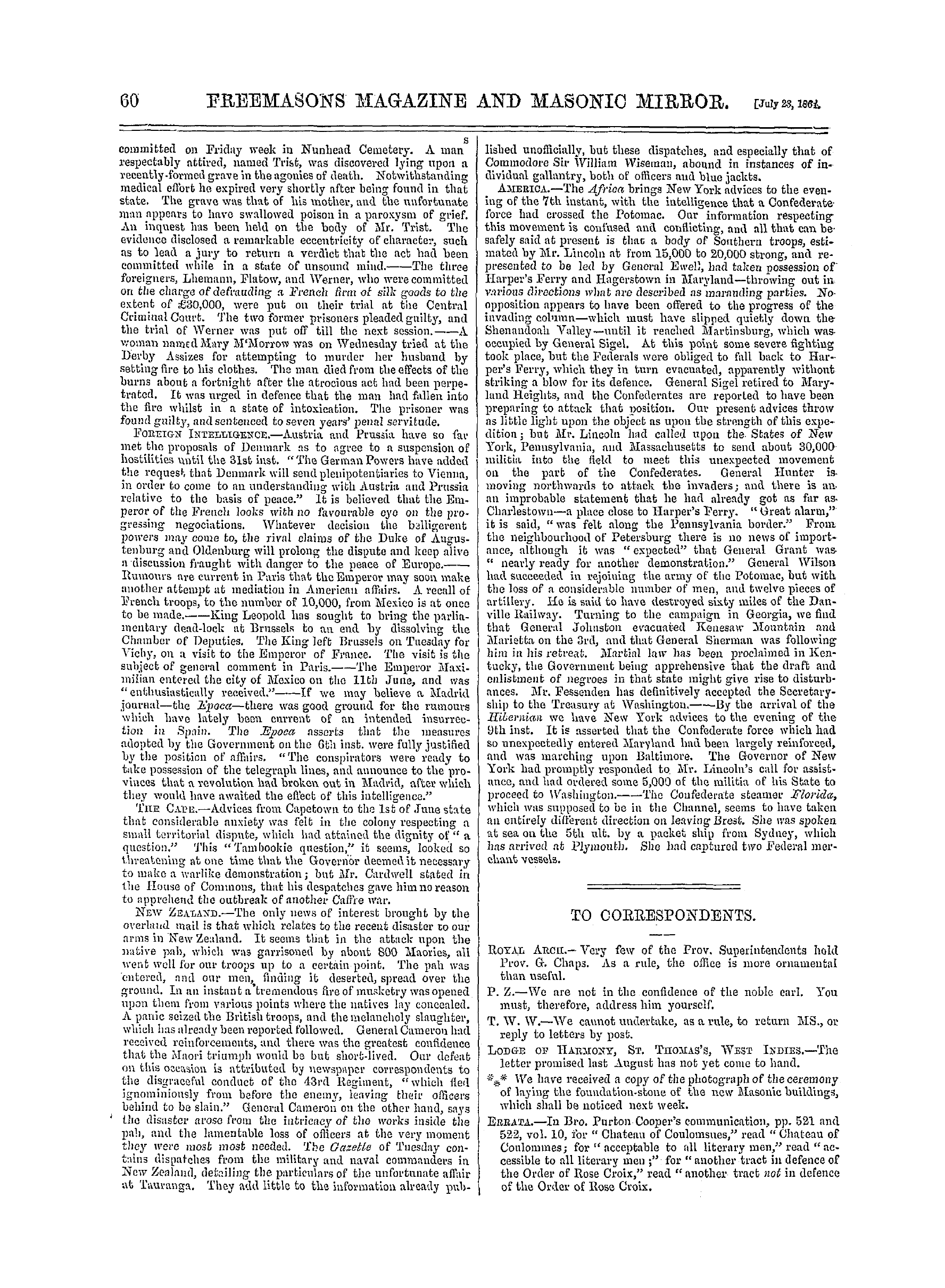 The Freemasons' Monthly Magazine: 1864-07-23 - The Week.