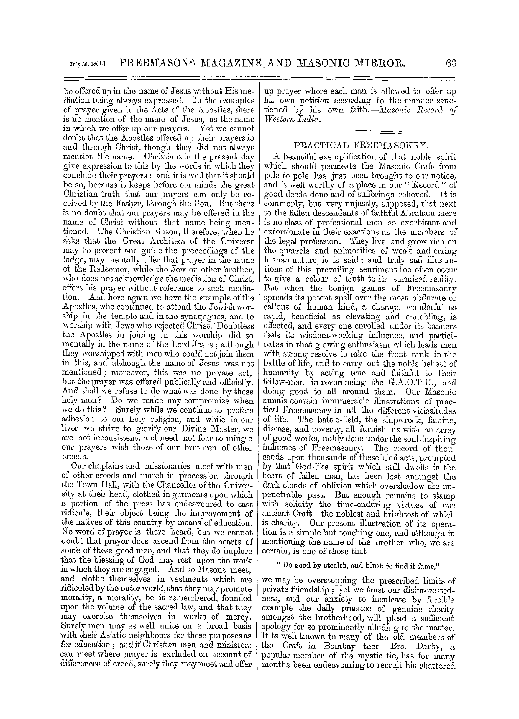 The Freemasons' Monthly Magazine: 1864-07-30 - Masonry In Its Relation To Religion.