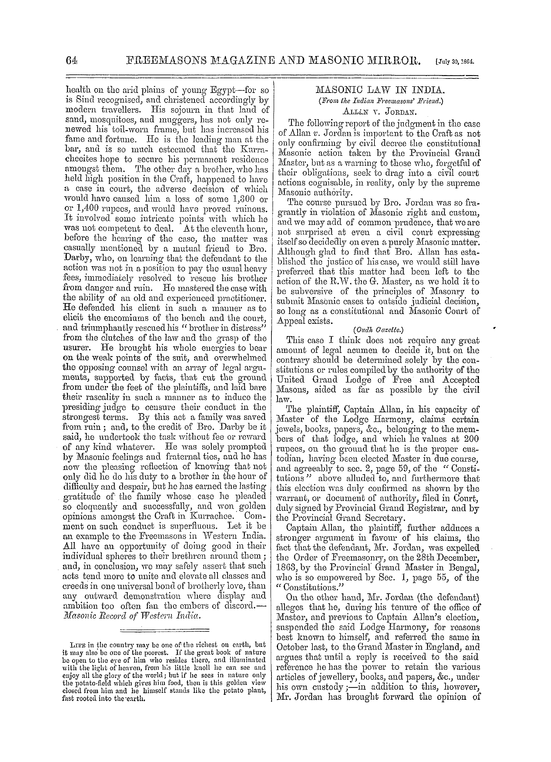 The Freemasons' Monthly Magazine: 1864-07-30 - Masonic Law In India.