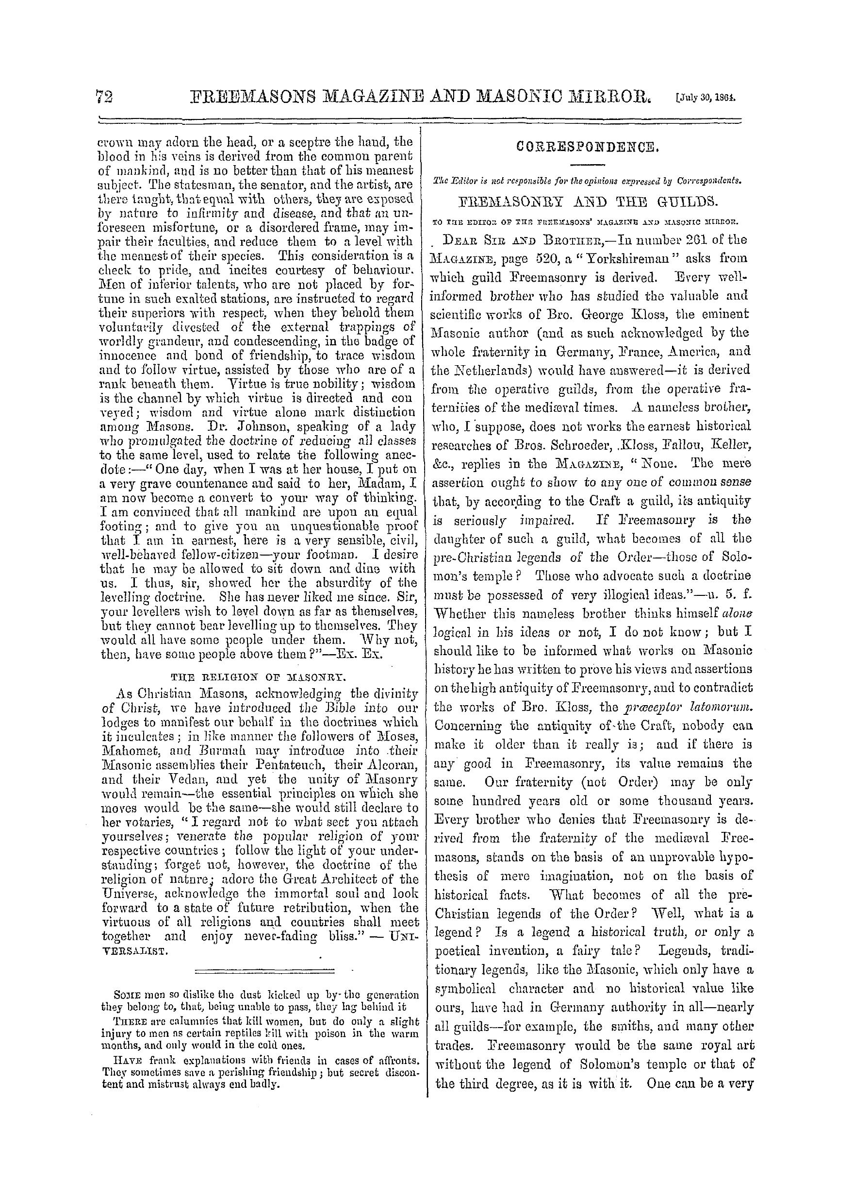 The Freemasons' Monthly Magazine: 1864-07-30 - Correspondence.