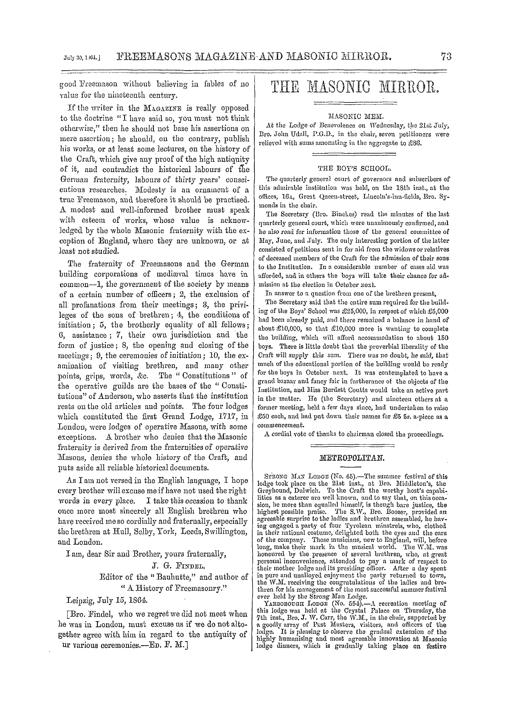 The Freemasons' Monthly Magazine: 1864-07-30 - Metropolitan.