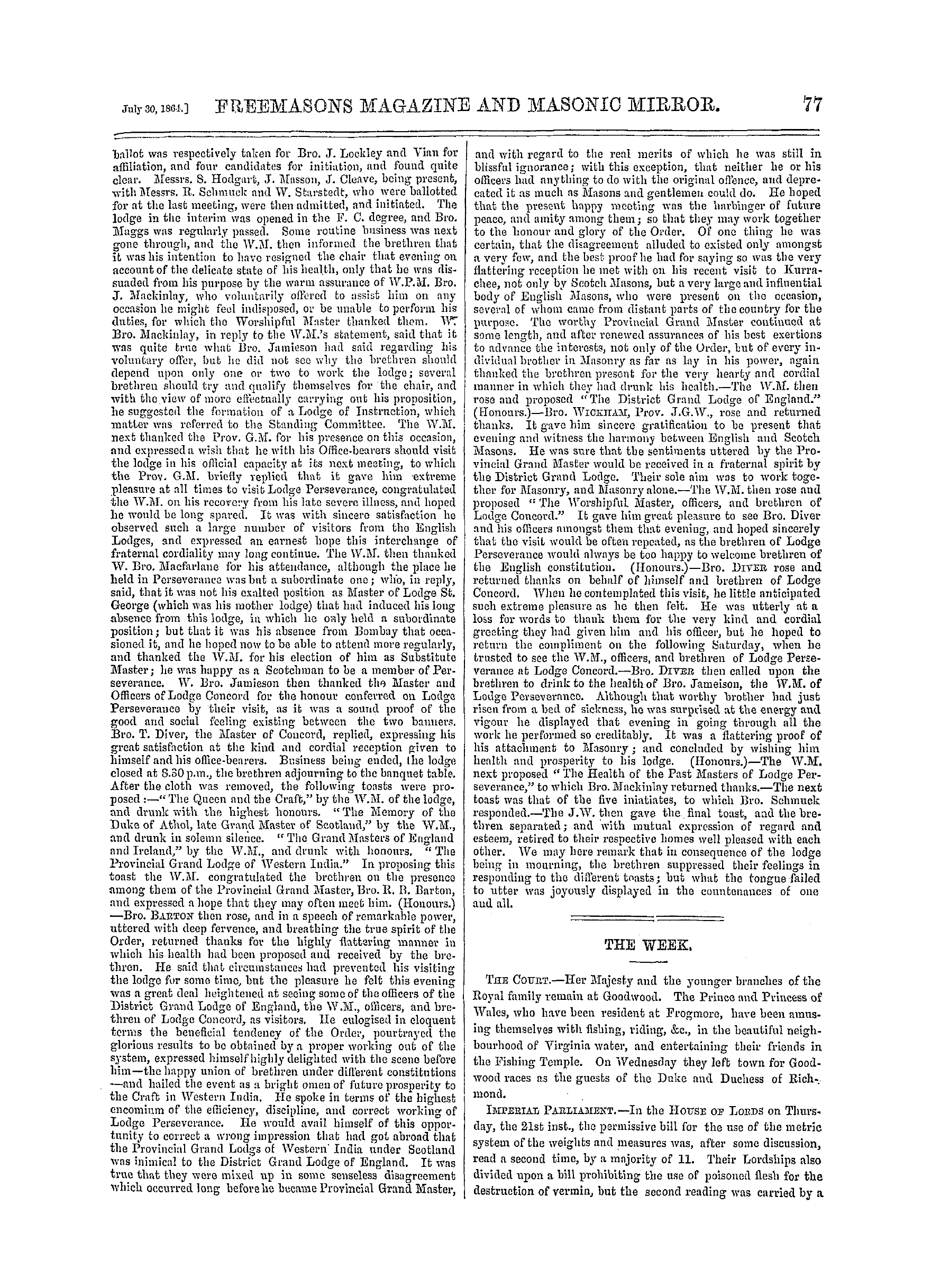 The Freemasons' Monthly Magazine: 1864-07-30 - The Week.