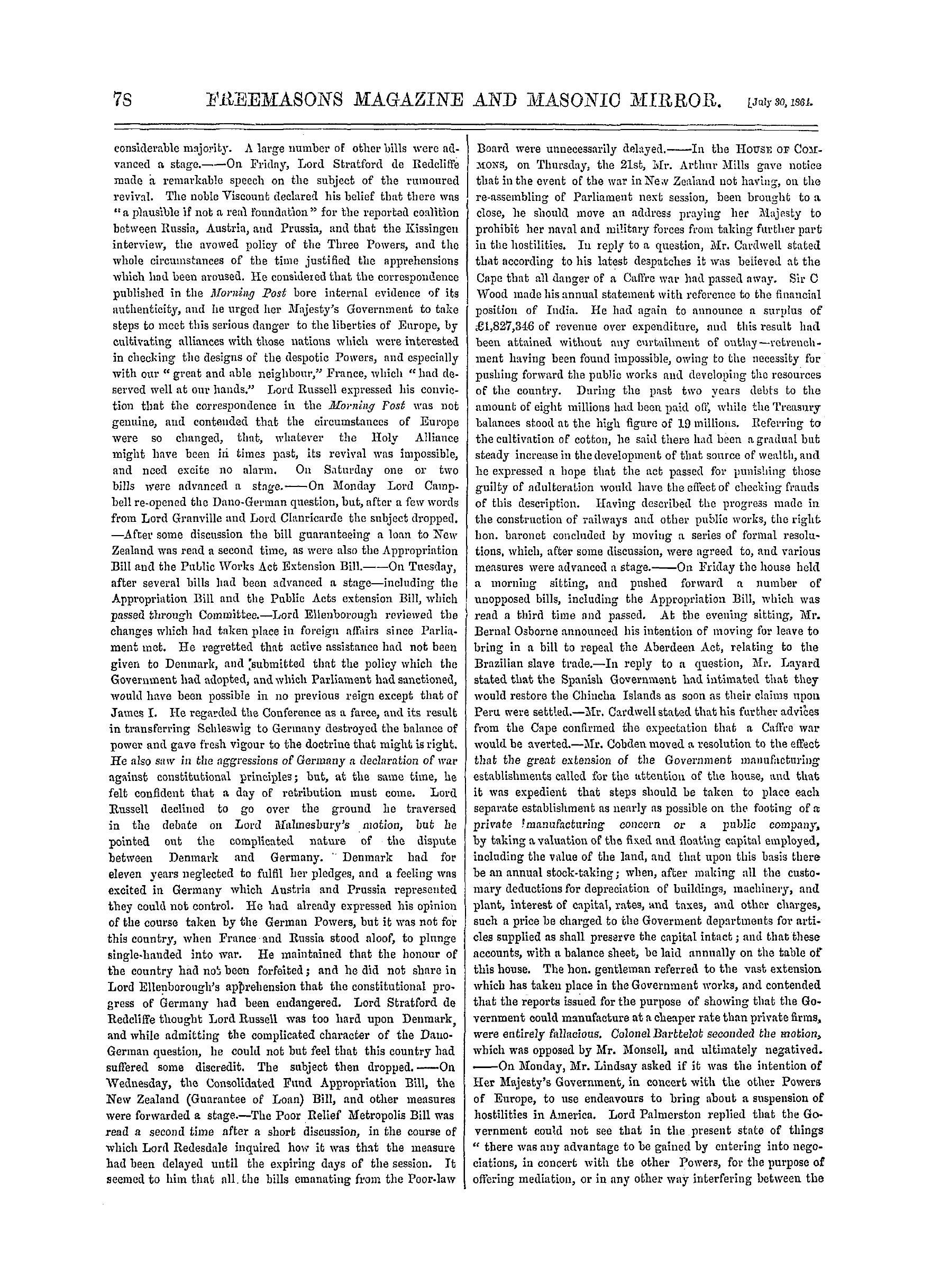 The Freemasons' Monthly Magazine: 1864-07-30 - The Week.