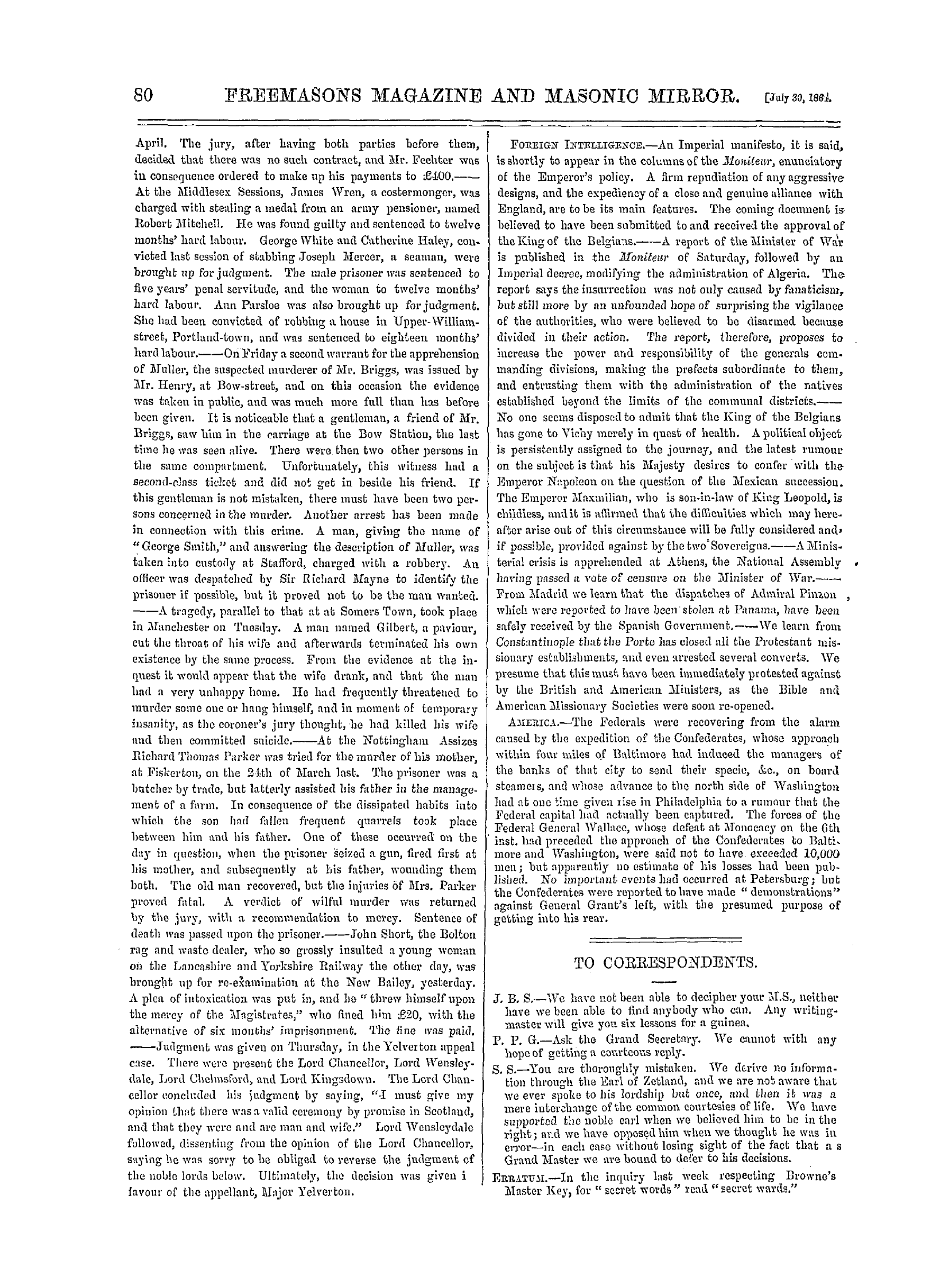 The Freemasons' Monthly Magazine: 1864-07-30 - The Week.