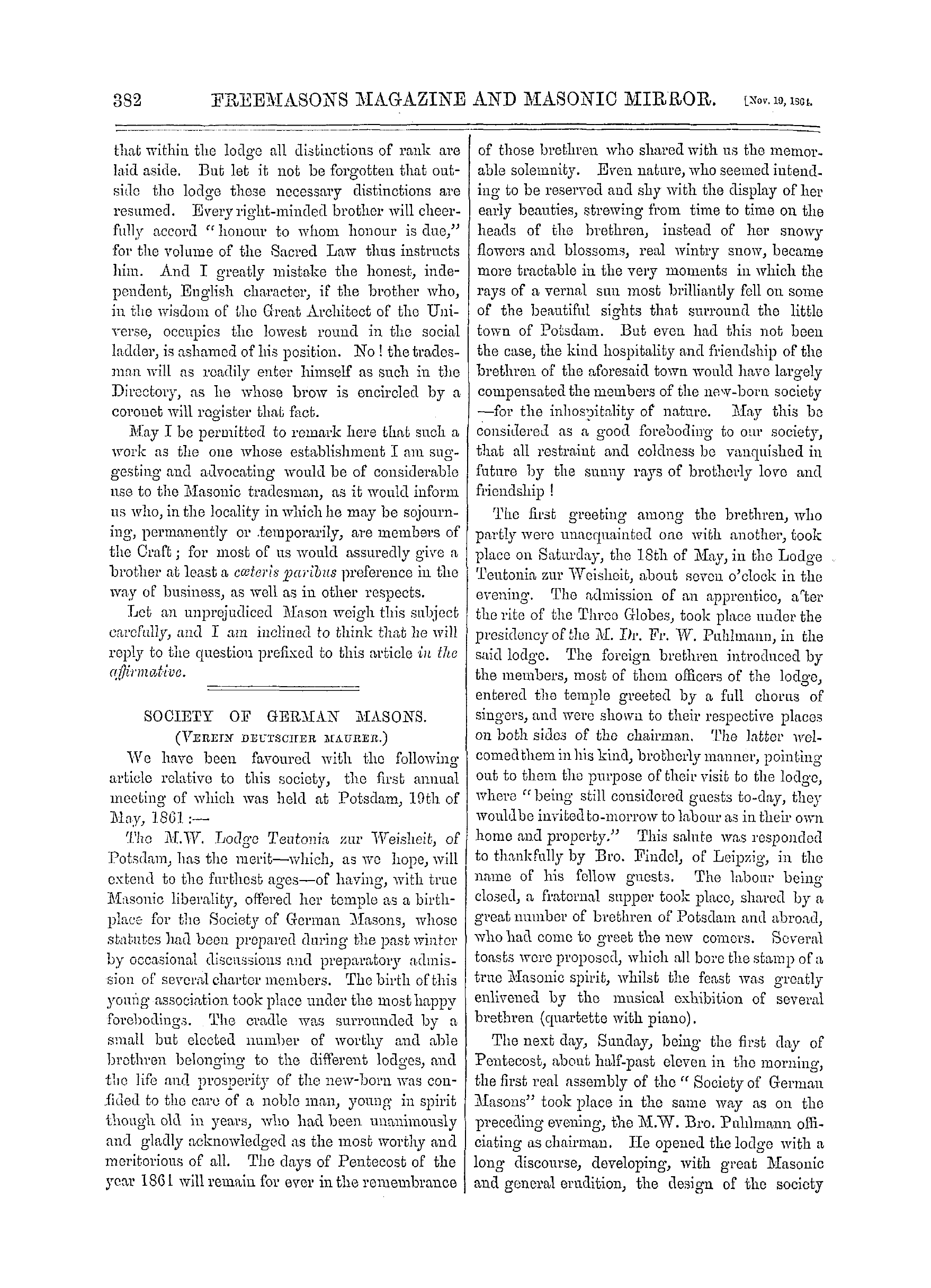 The Freemasons' Monthly Magazine: 1864-11-19 - Society Of German Masons.