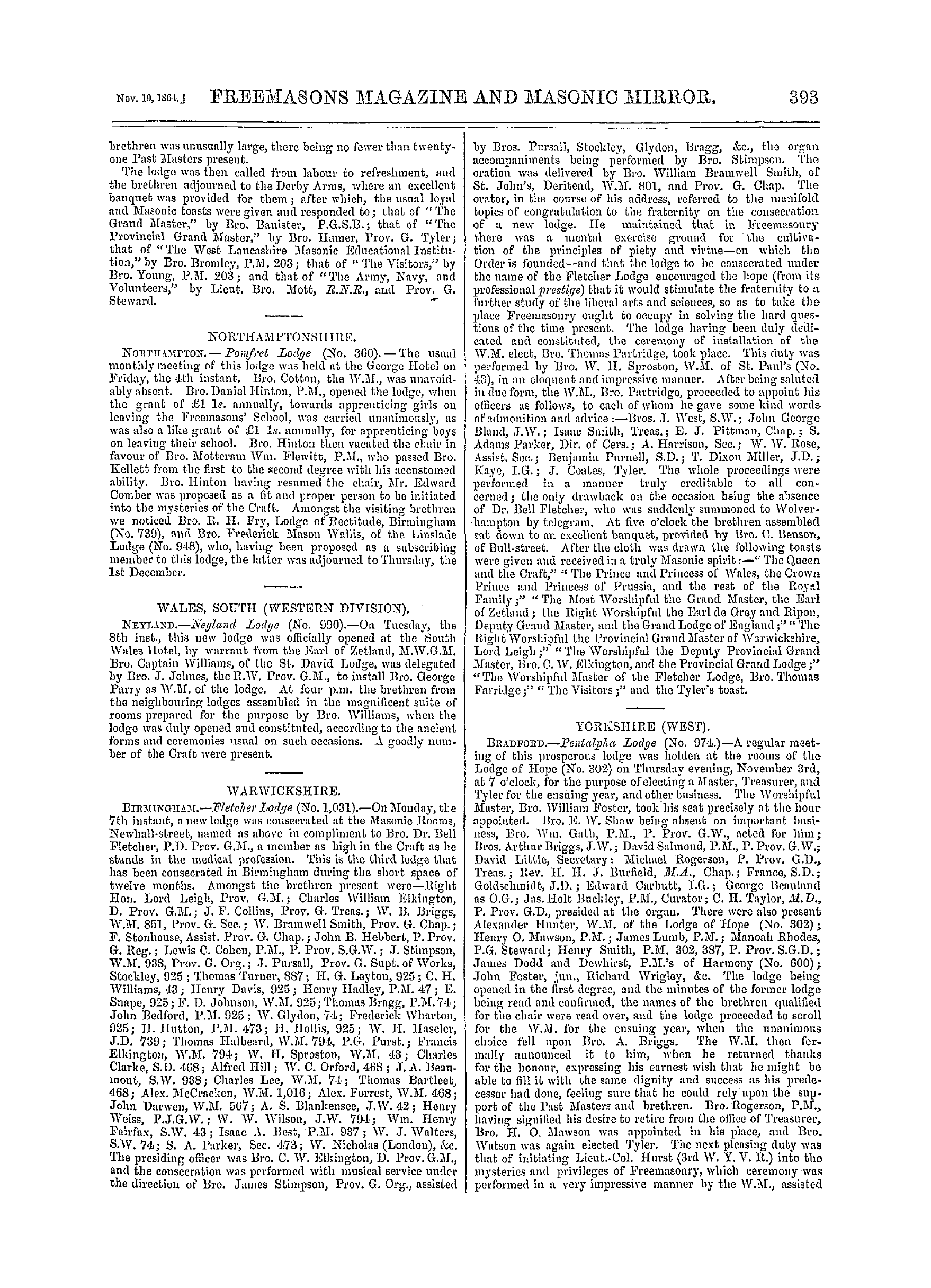 The Freemasons' Monthly Magazine: 1864-11-19 - Provincial.