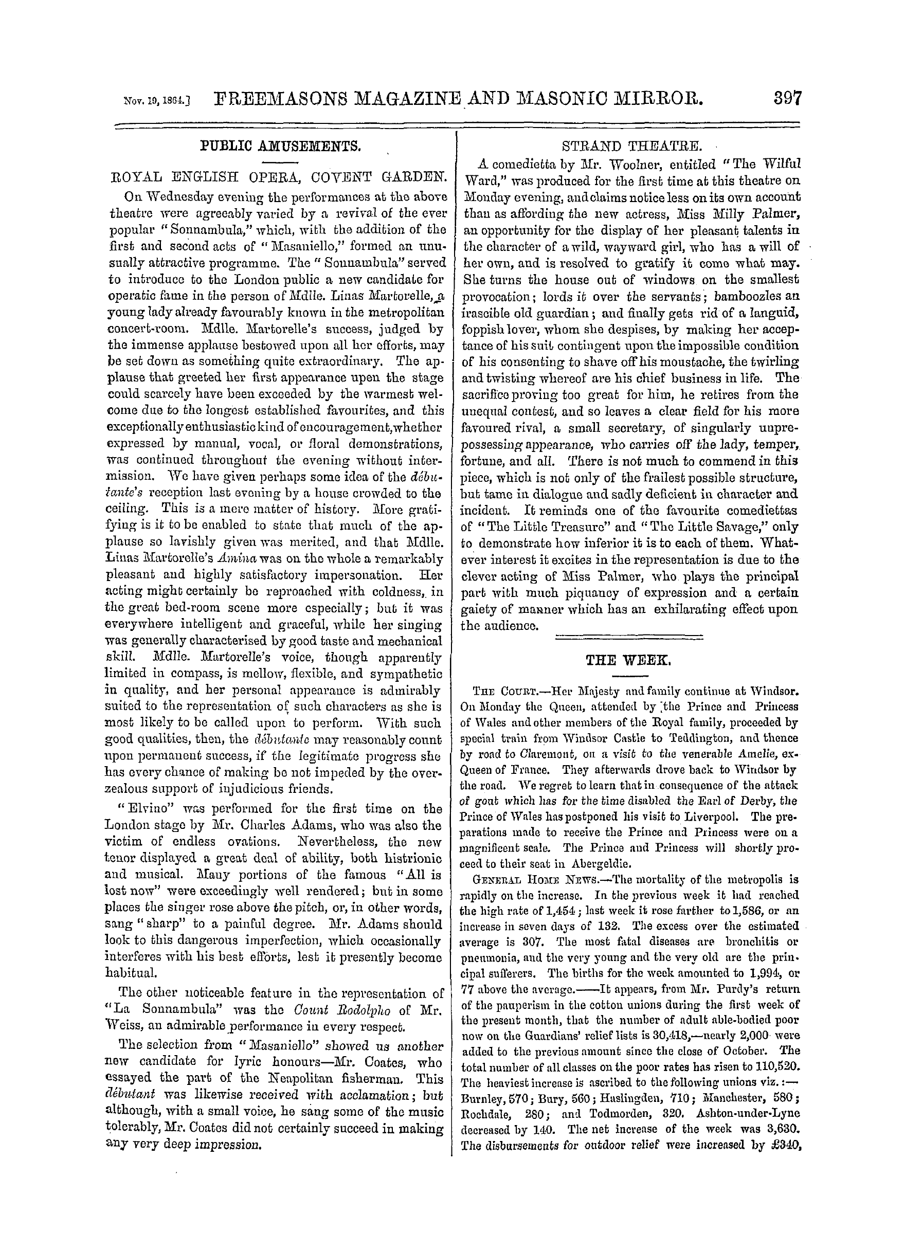 The Freemasons' Monthly Magazine: 1864-11-19 - The Week.