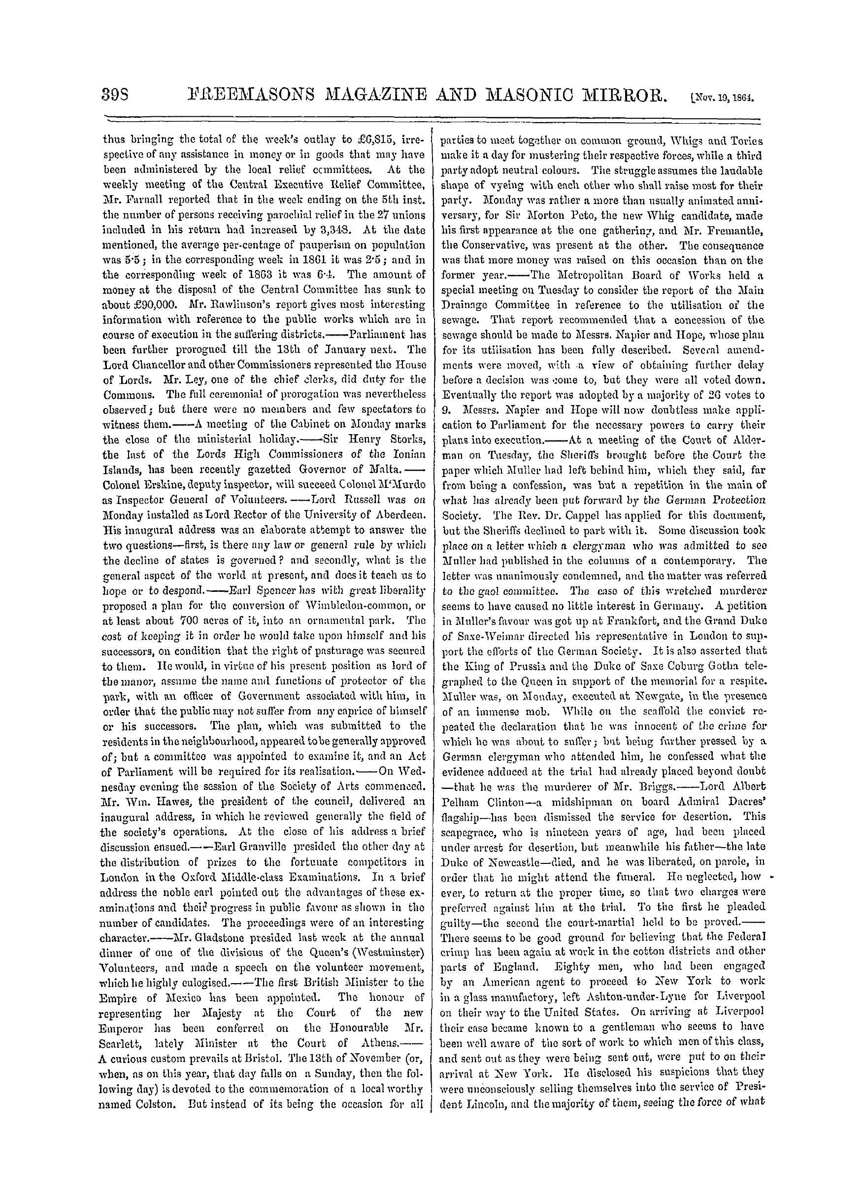 The Freemasons' Monthly Magazine: 1864-11-19 - The Week.