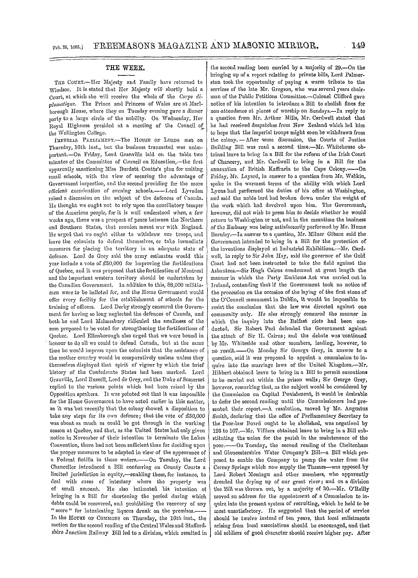 The Freemasons' Monthly Magazine: 1865-02-25 - The Week.