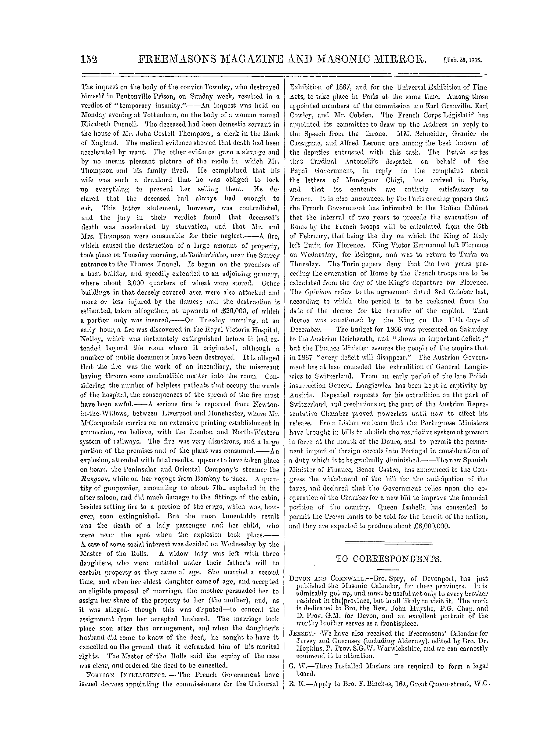 The Freemasons' Monthly Magazine: 1865-02-25 - The Week.