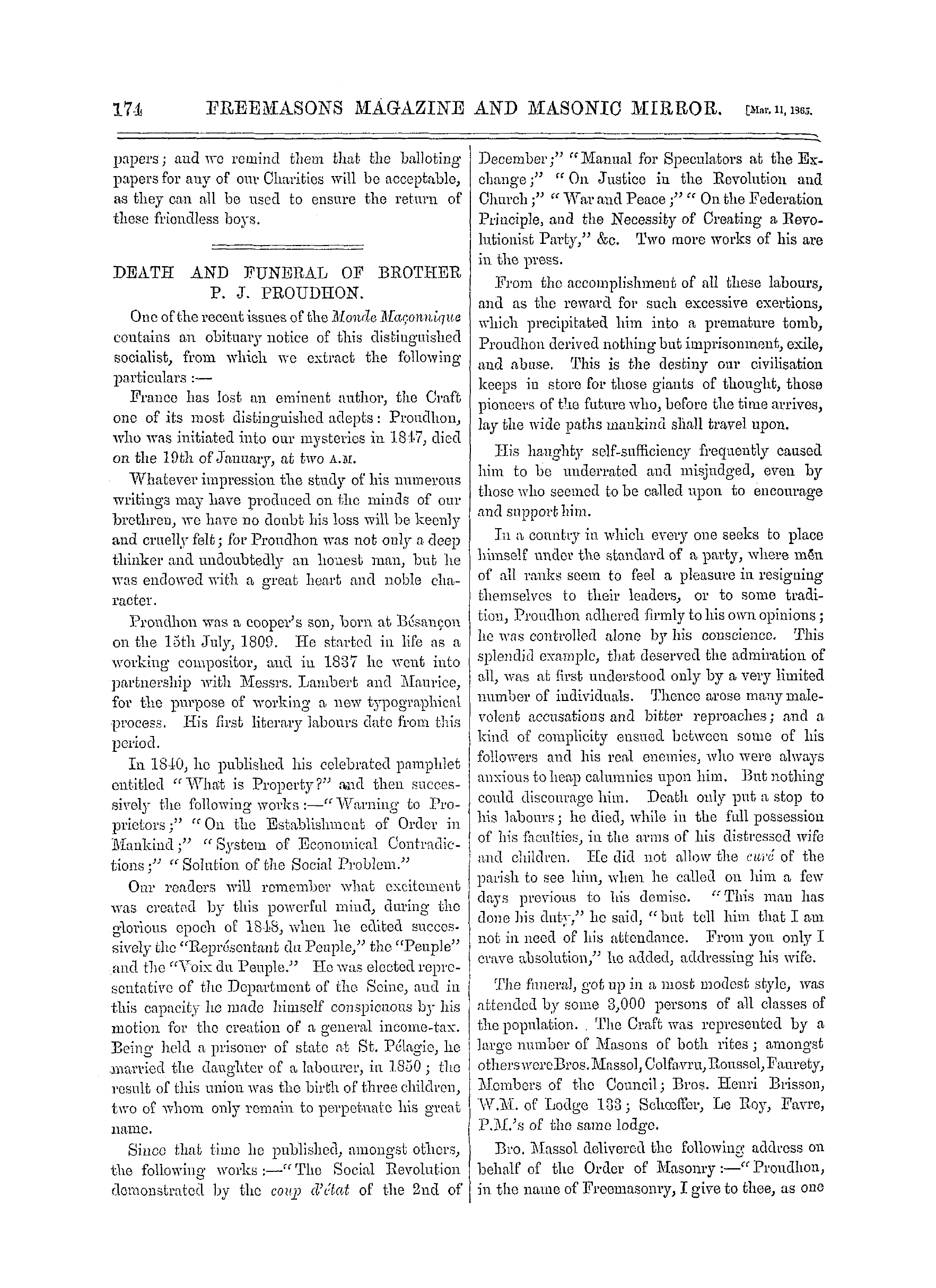 The Freemasons' Monthly Magazine: 1865-03-11 - Death And Funeral Of Brother P. J. Proudhon.