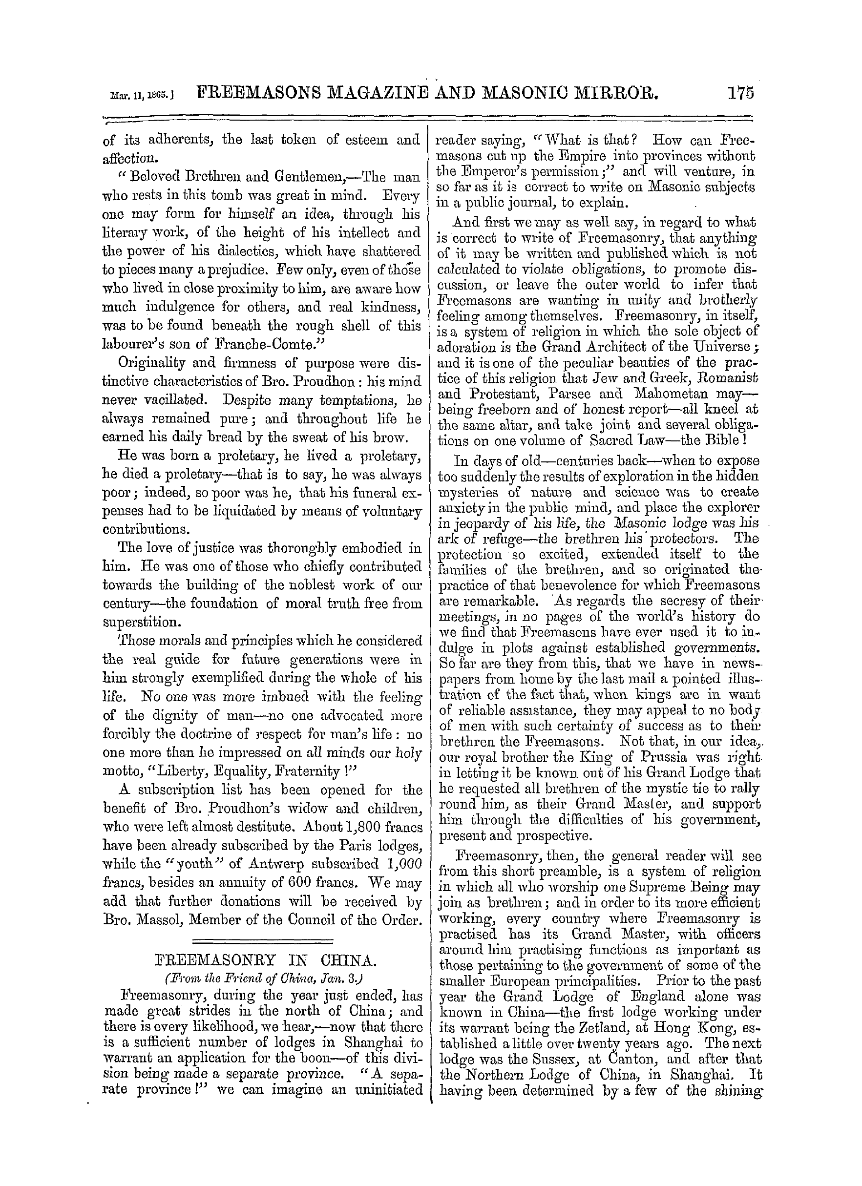 The Freemasons' Monthly Magazine: 1865-03-11 - Death And Funeral Of Brother P. J. Proudhon.