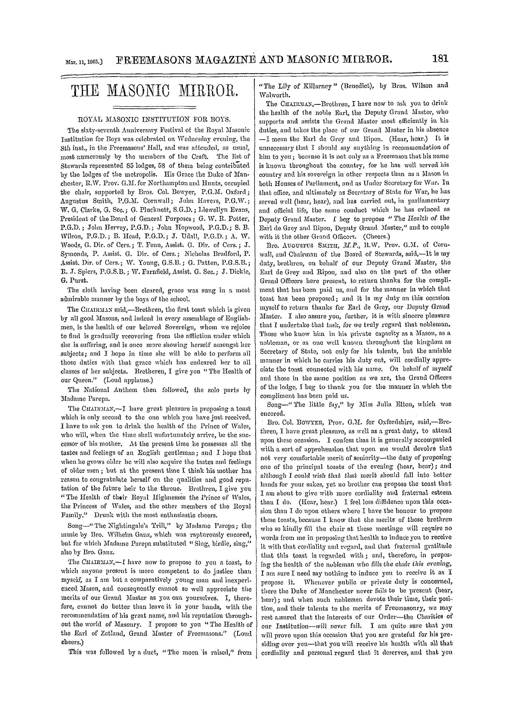 The Freemasons' Monthly Magazine: 1865-03-11 - The Masonic Mirror.