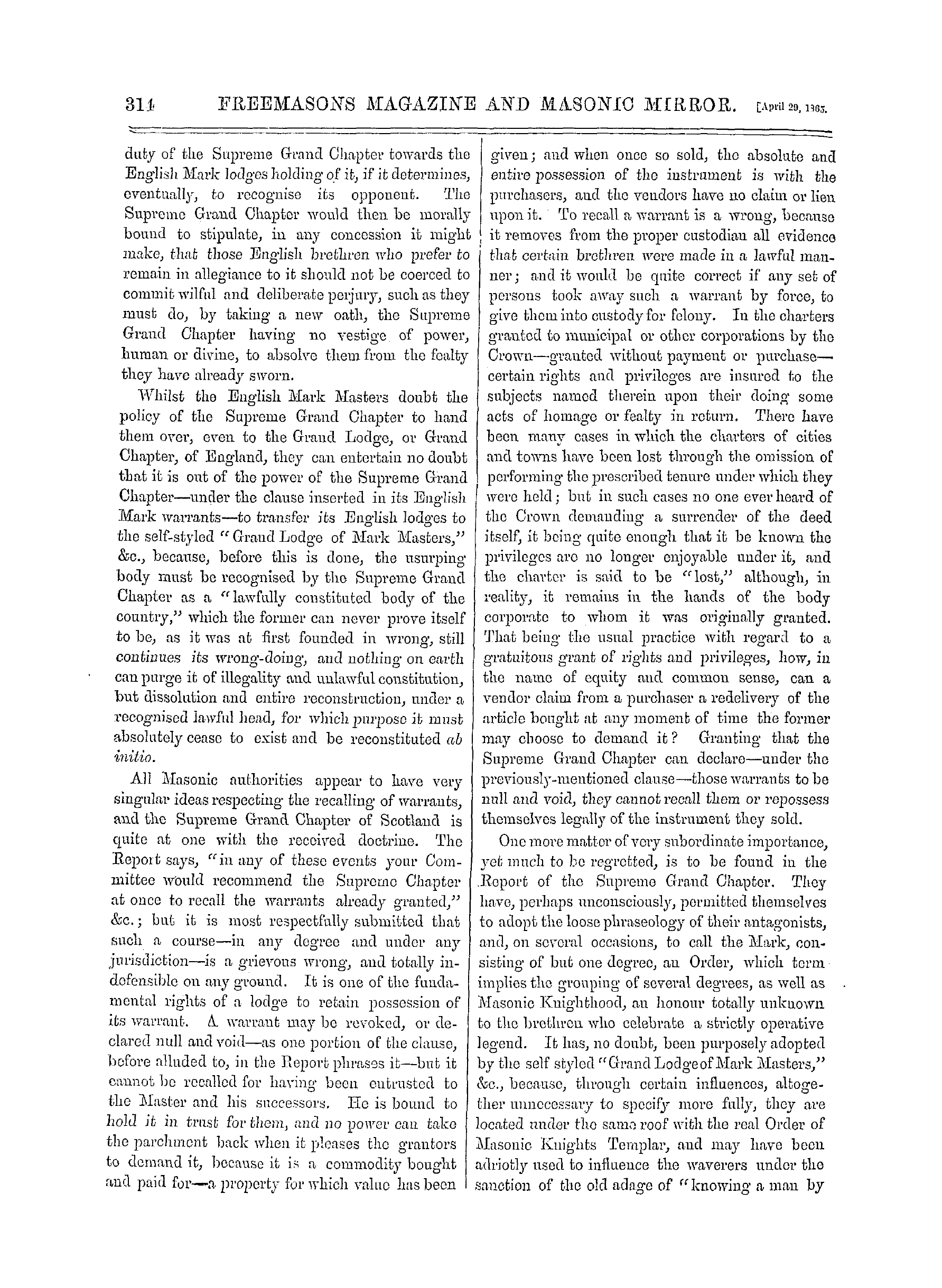 The Freemasons' Monthly Magazine: 1865-04-29 - Mark Masonry.