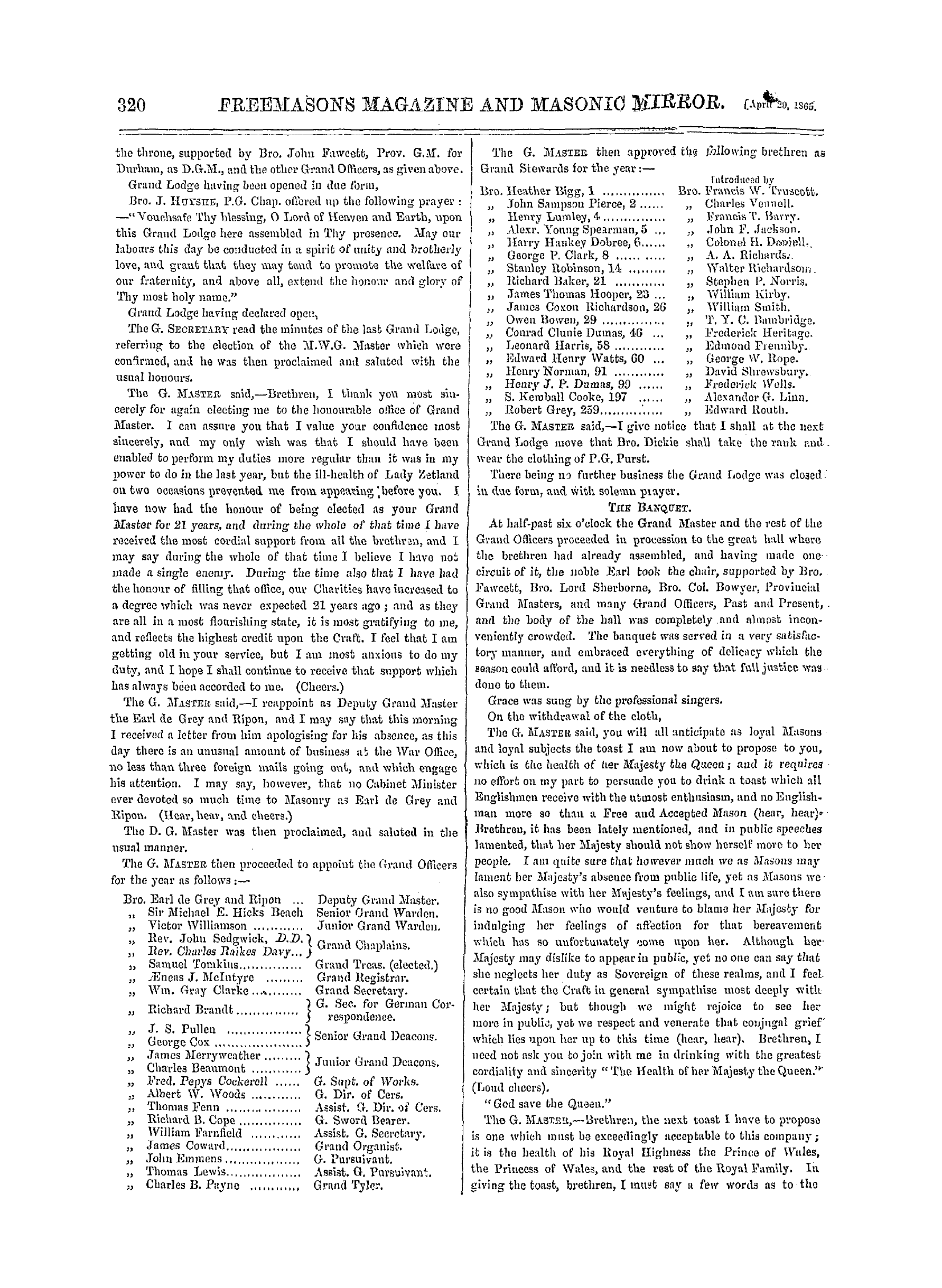 The Freemasons' Monthly Magazine: 1865-04-29 - United Grand Lodge.