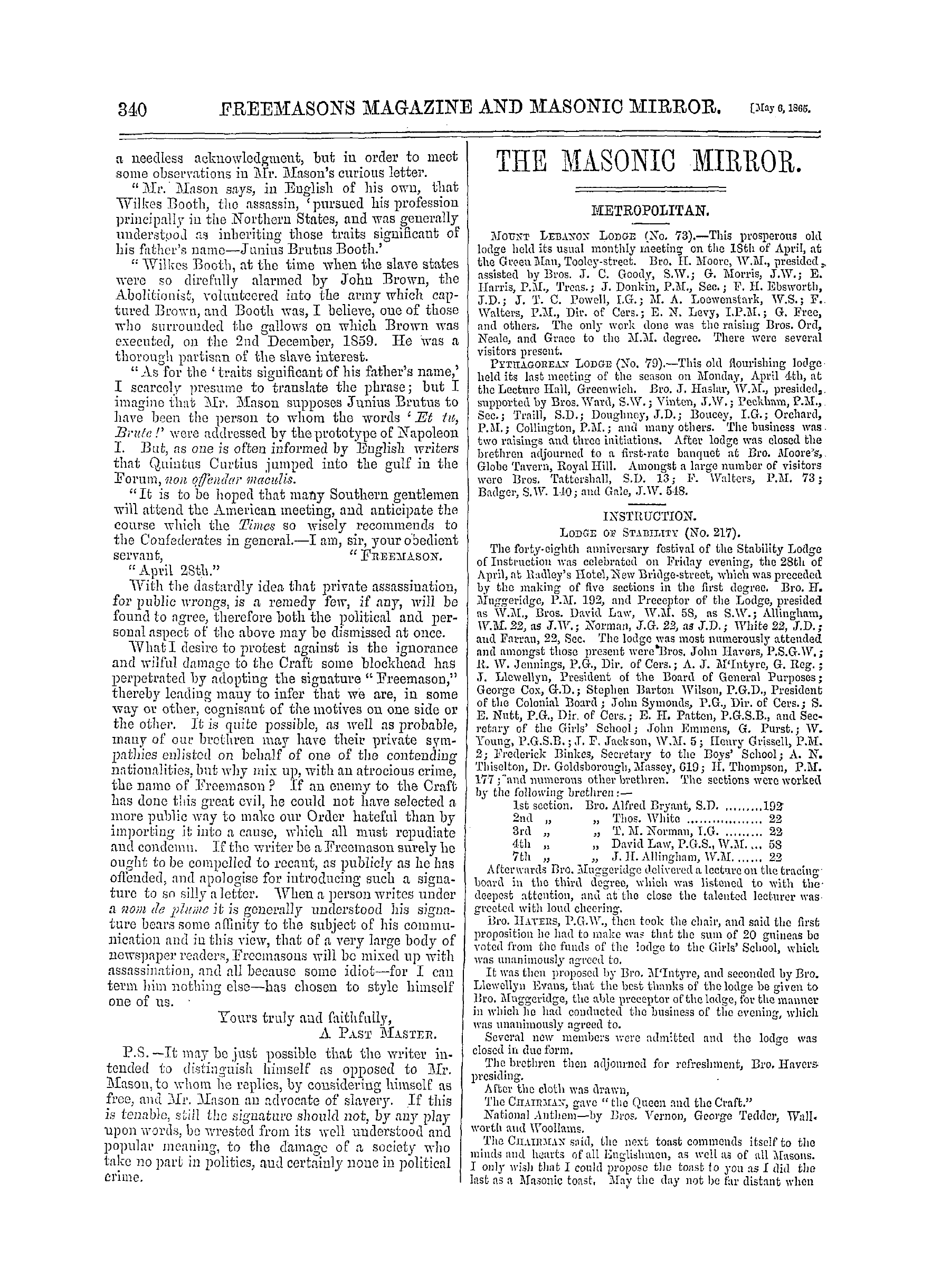 The Freemasons' Monthly Magazine: 1865-05-06 - Metropolitan.