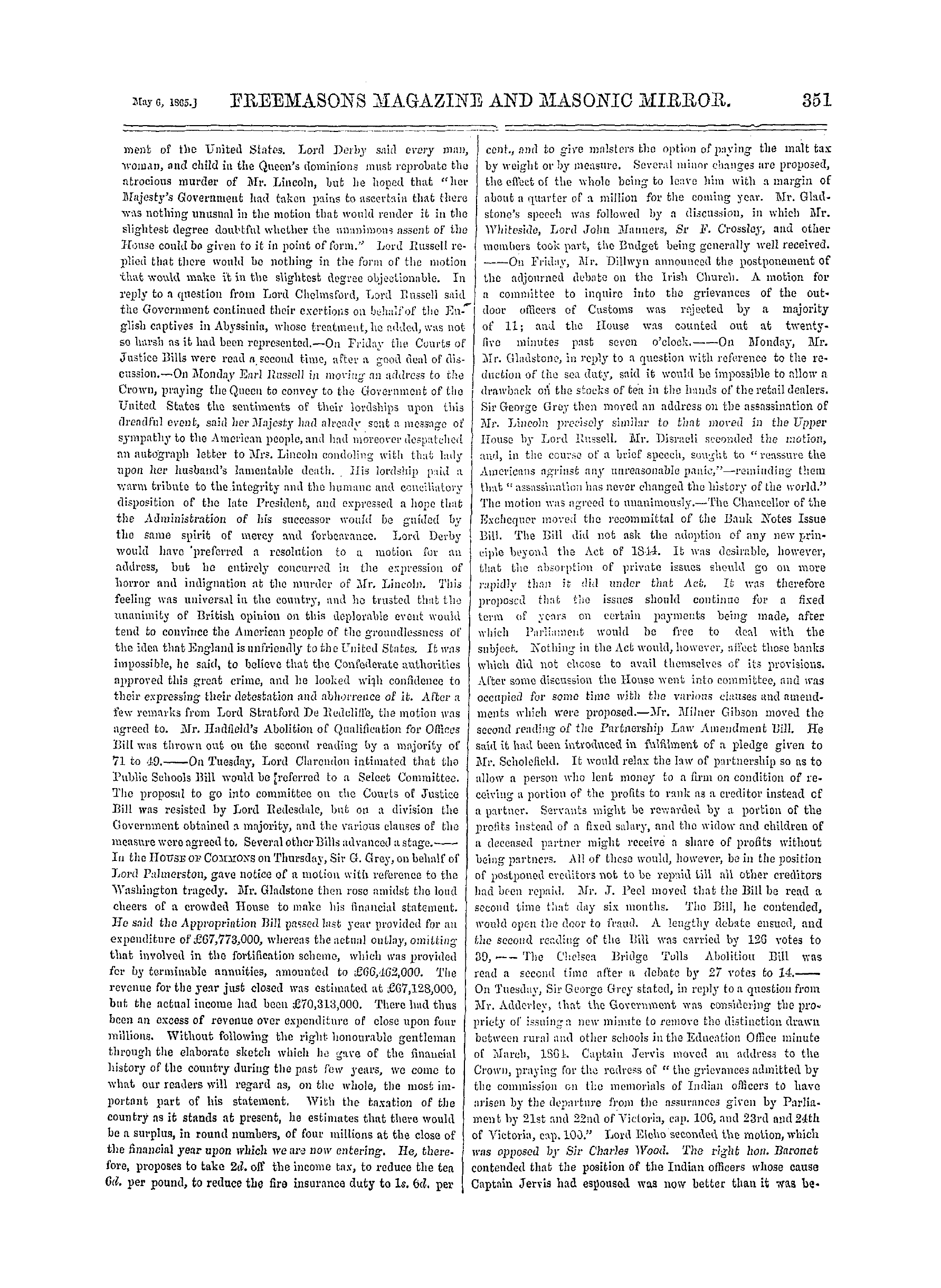 The Freemasons' Monthly Magazine: 1865-05-06 - The Week.