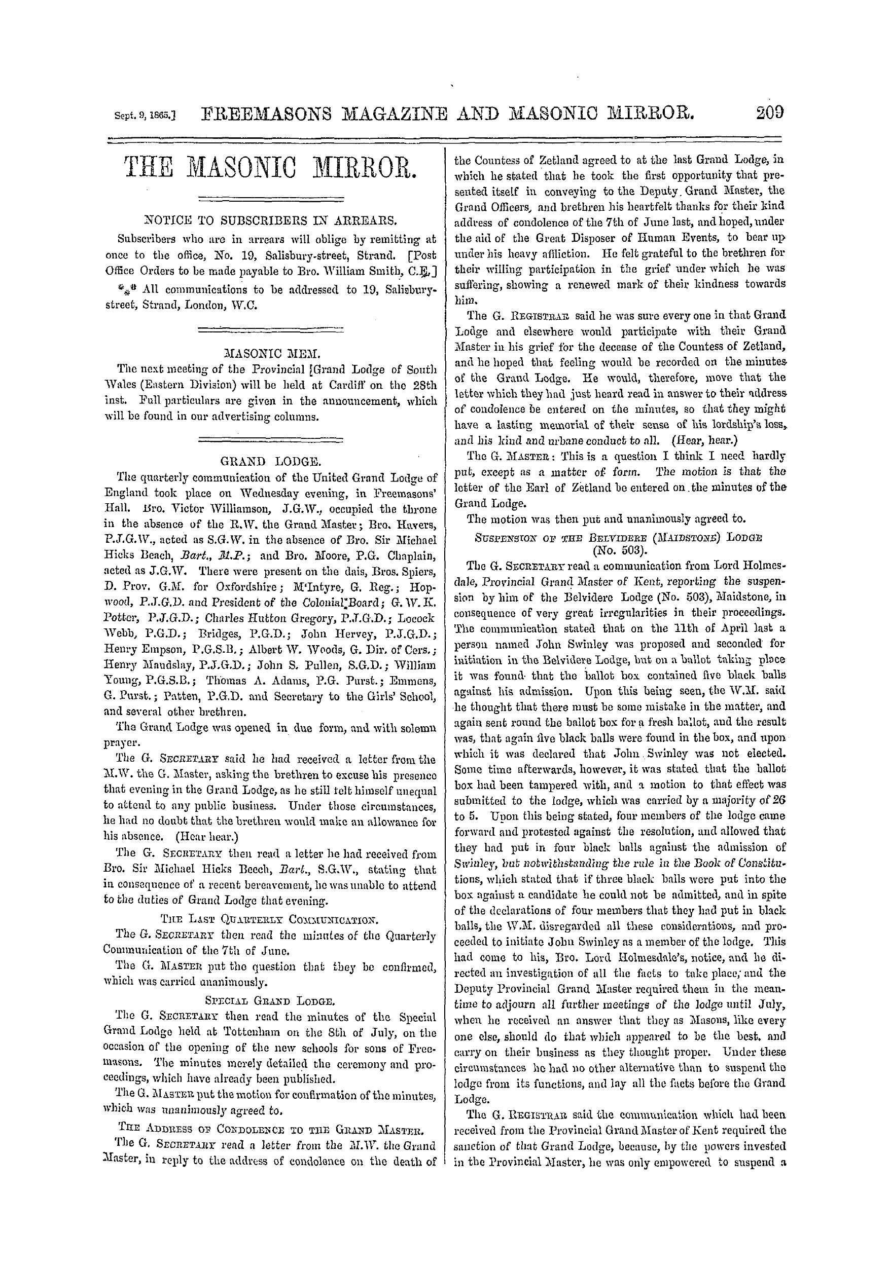 The Freemasons' Monthly Magazine: 1865-09-09 - Grand Lodge.