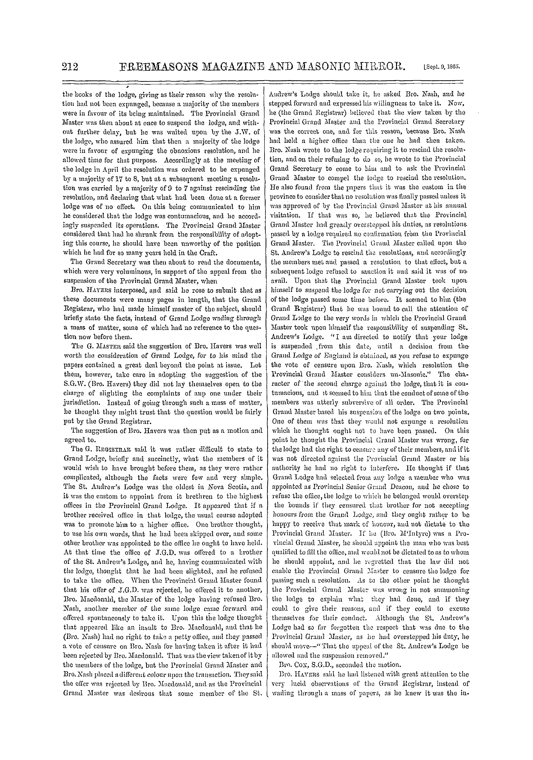 The Freemasons' Monthly Magazine: 1865-09-09 - Grand Lodge.