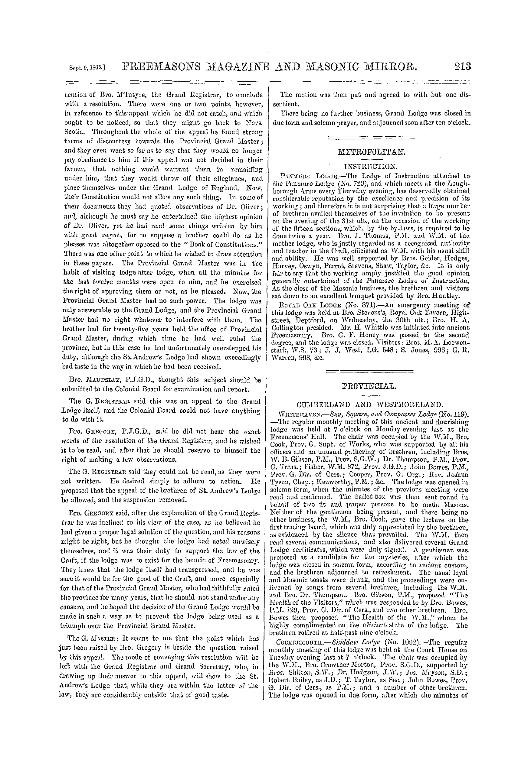 The Freemasons' Monthly Magazine: 1865-09-09 - Grand Lodge.