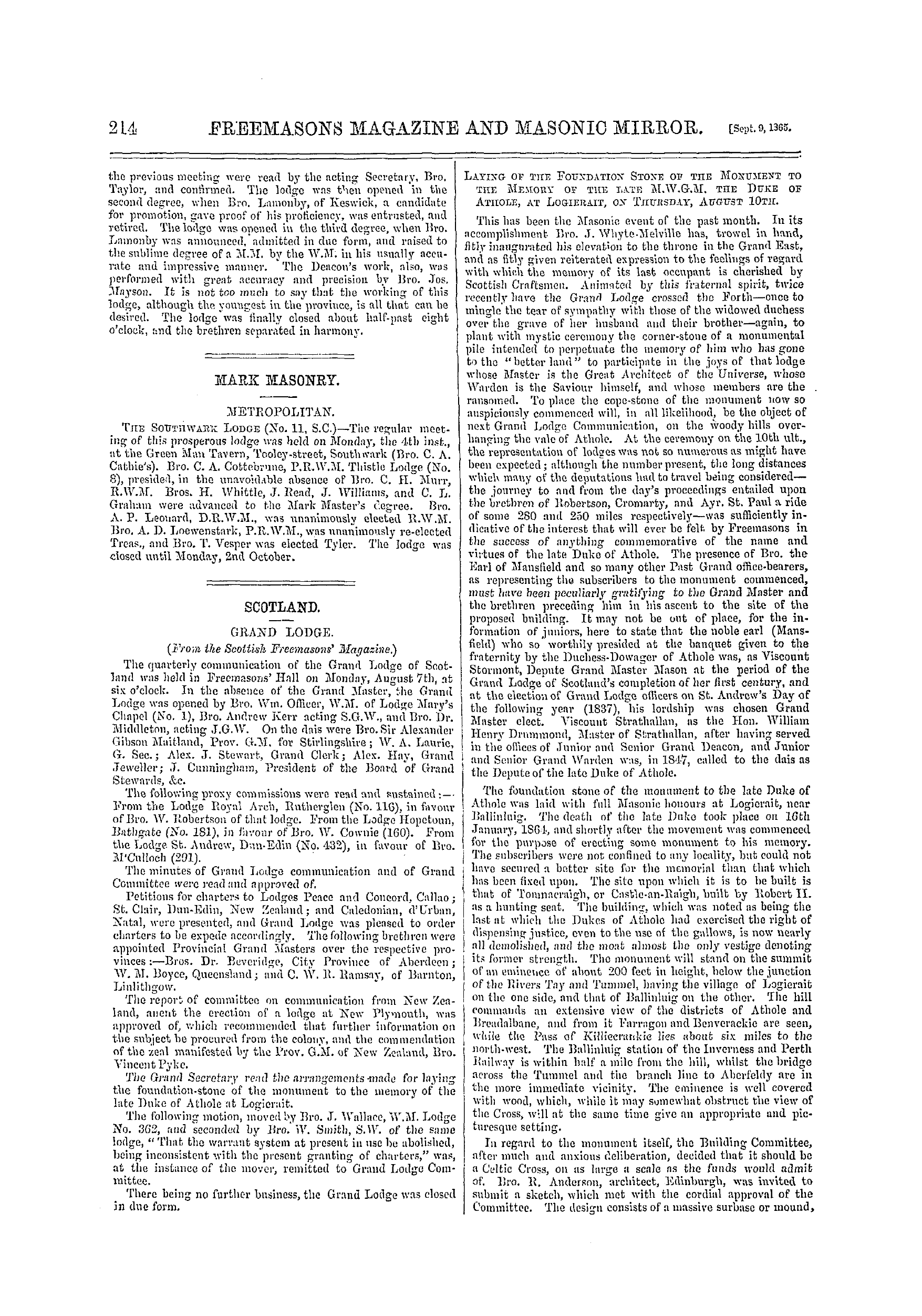 The Freemasons' Monthly Magazine: 1865-09-09 - Scotland.