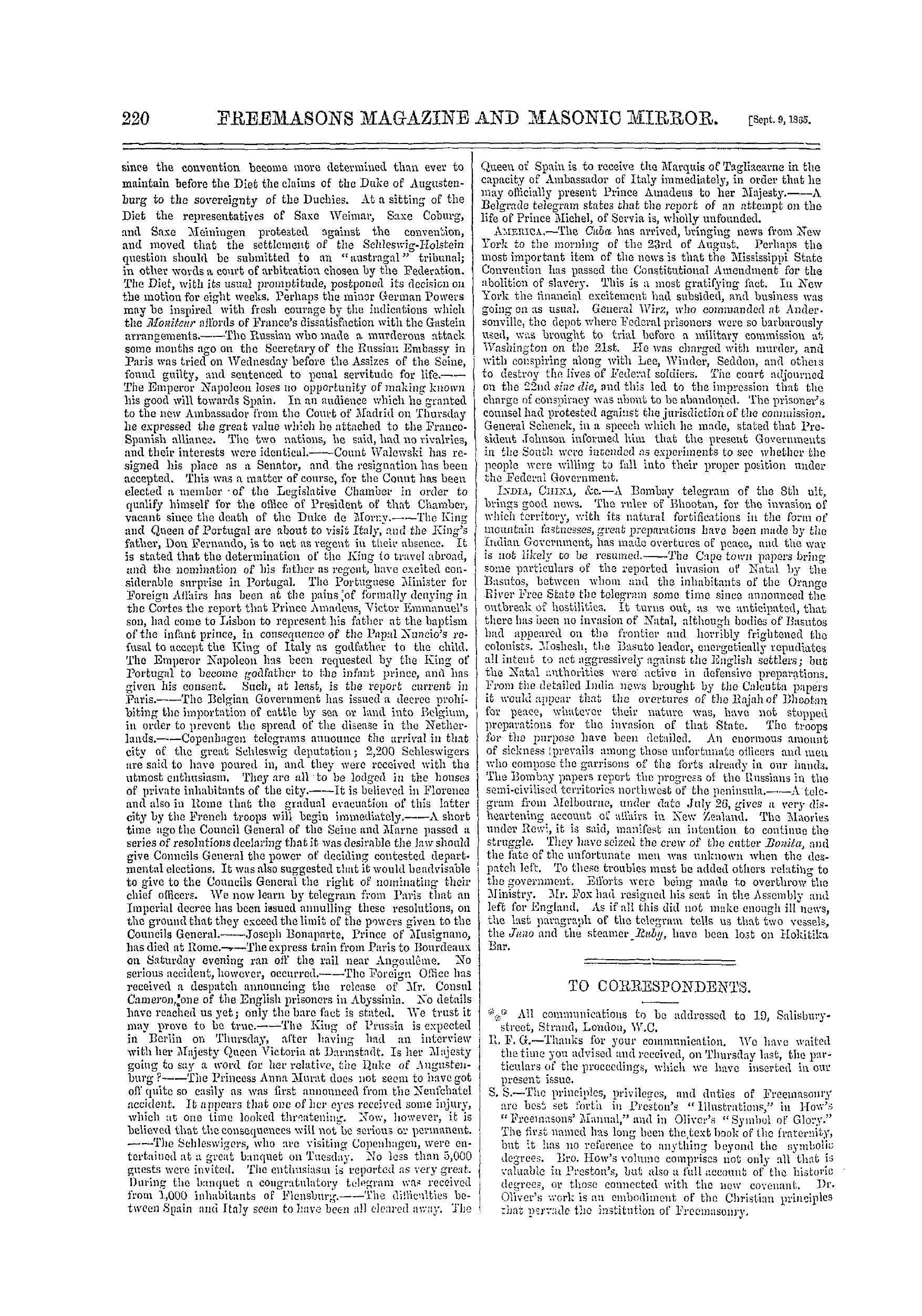 The Freemasons' Monthly Magazine: 1865-09-09 - To Correspondents.