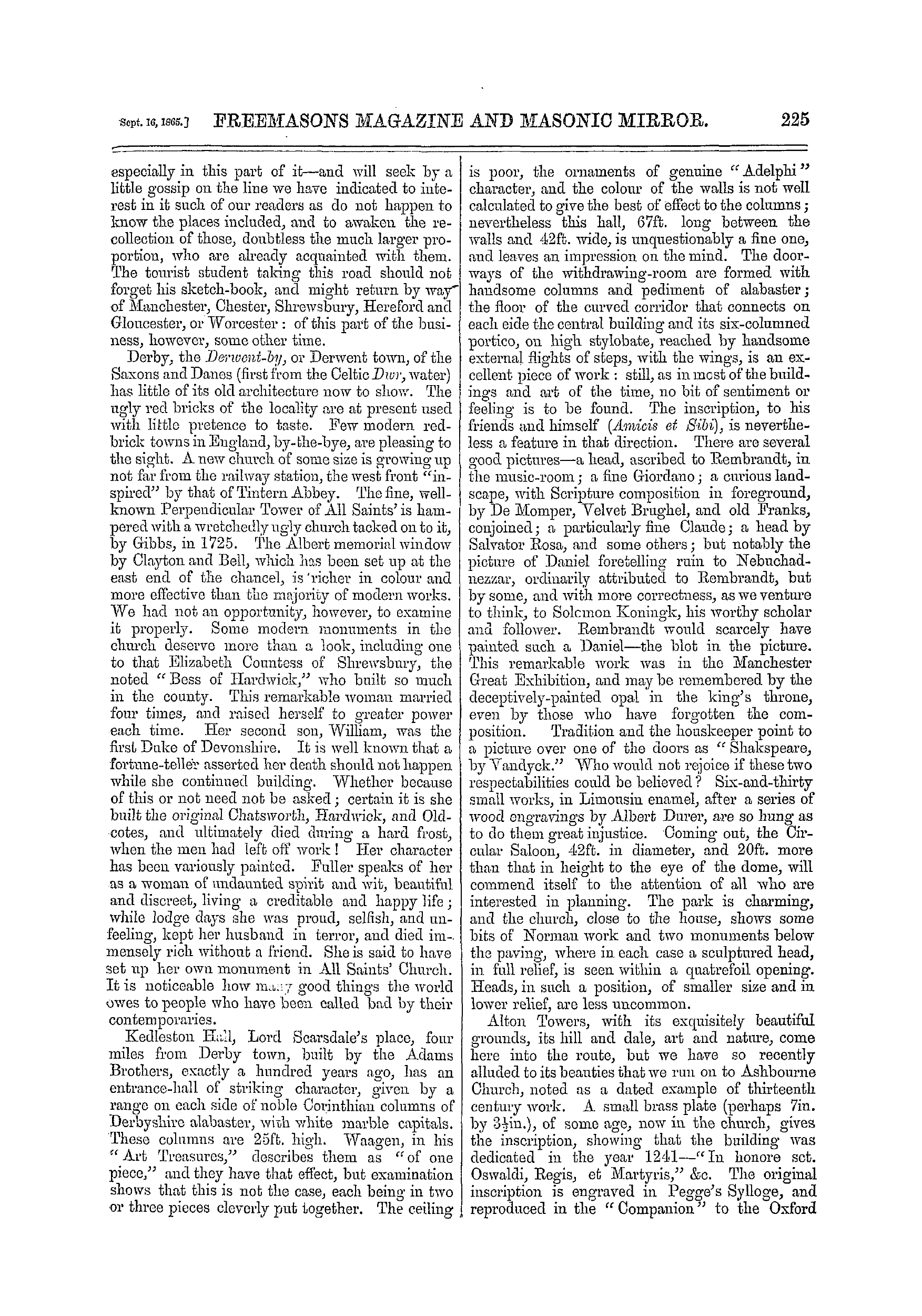 The Freemasons' Monthly Magazine: 1865-09-16 - Out And About: In Derbyshire.