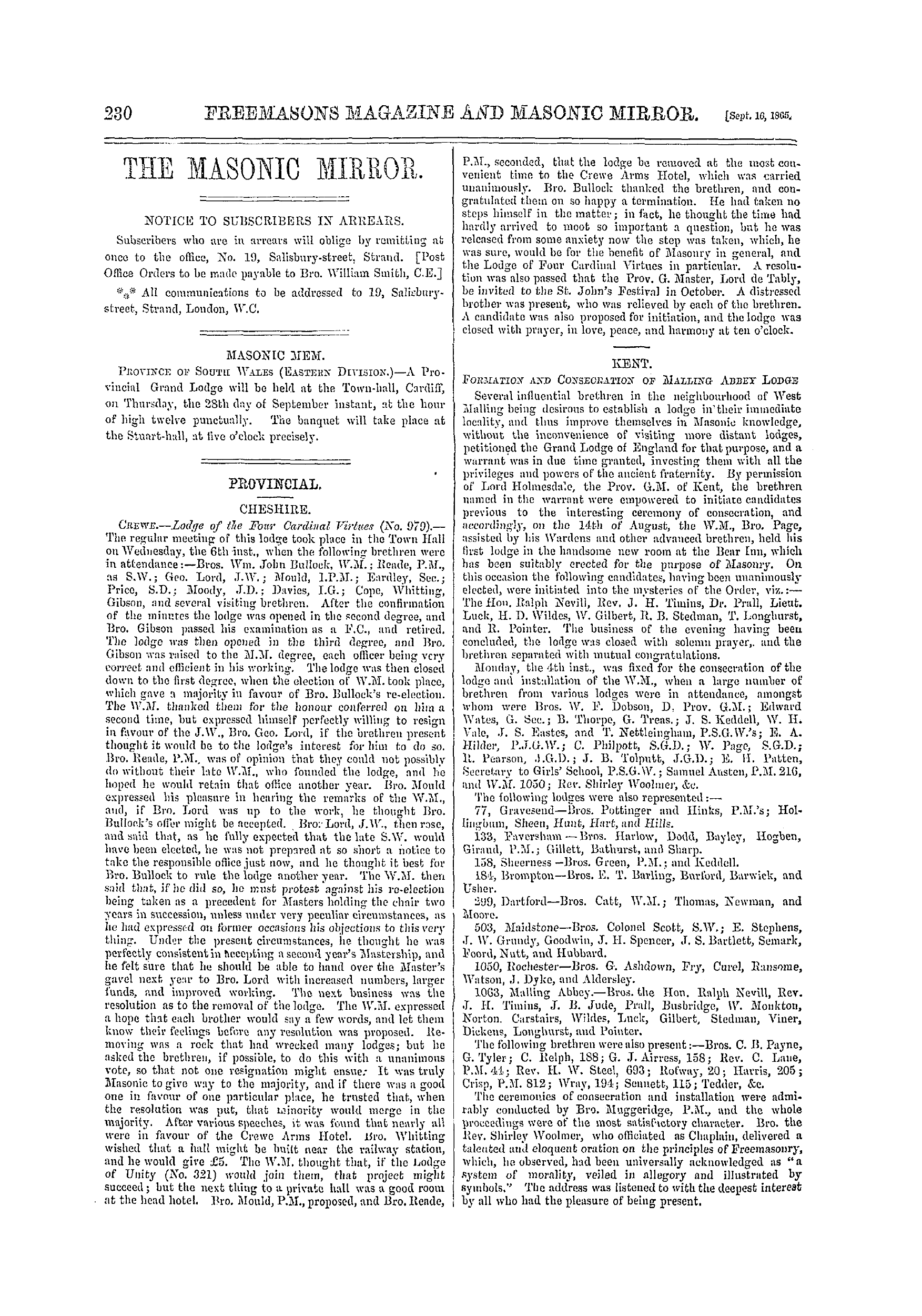 The Freemasons' Monthly Magazine: 1865-09-16 - Masonic Mem.