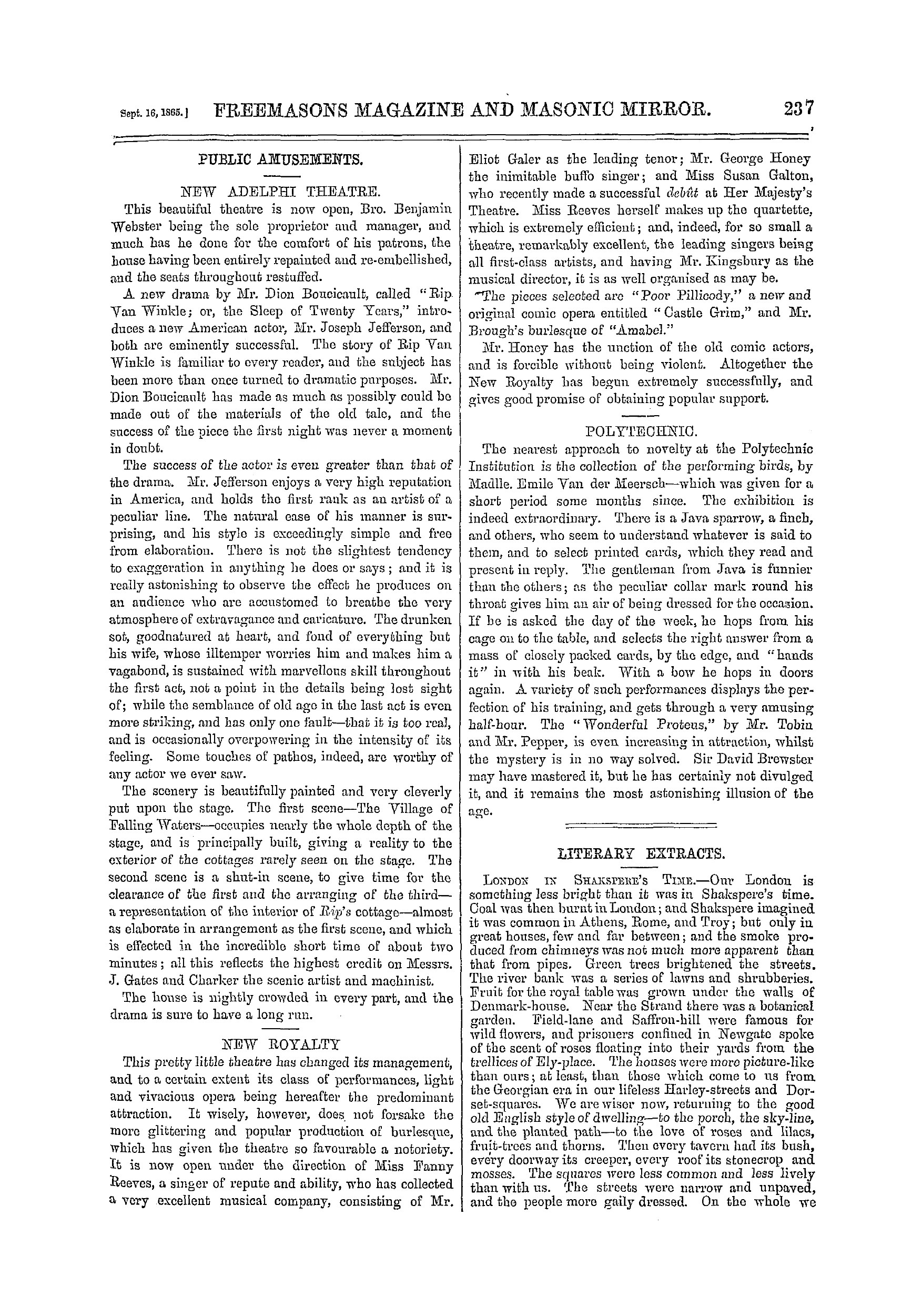 The Freemasons' Monthly Magazine: 1865-09-16 - Literary Extracts.