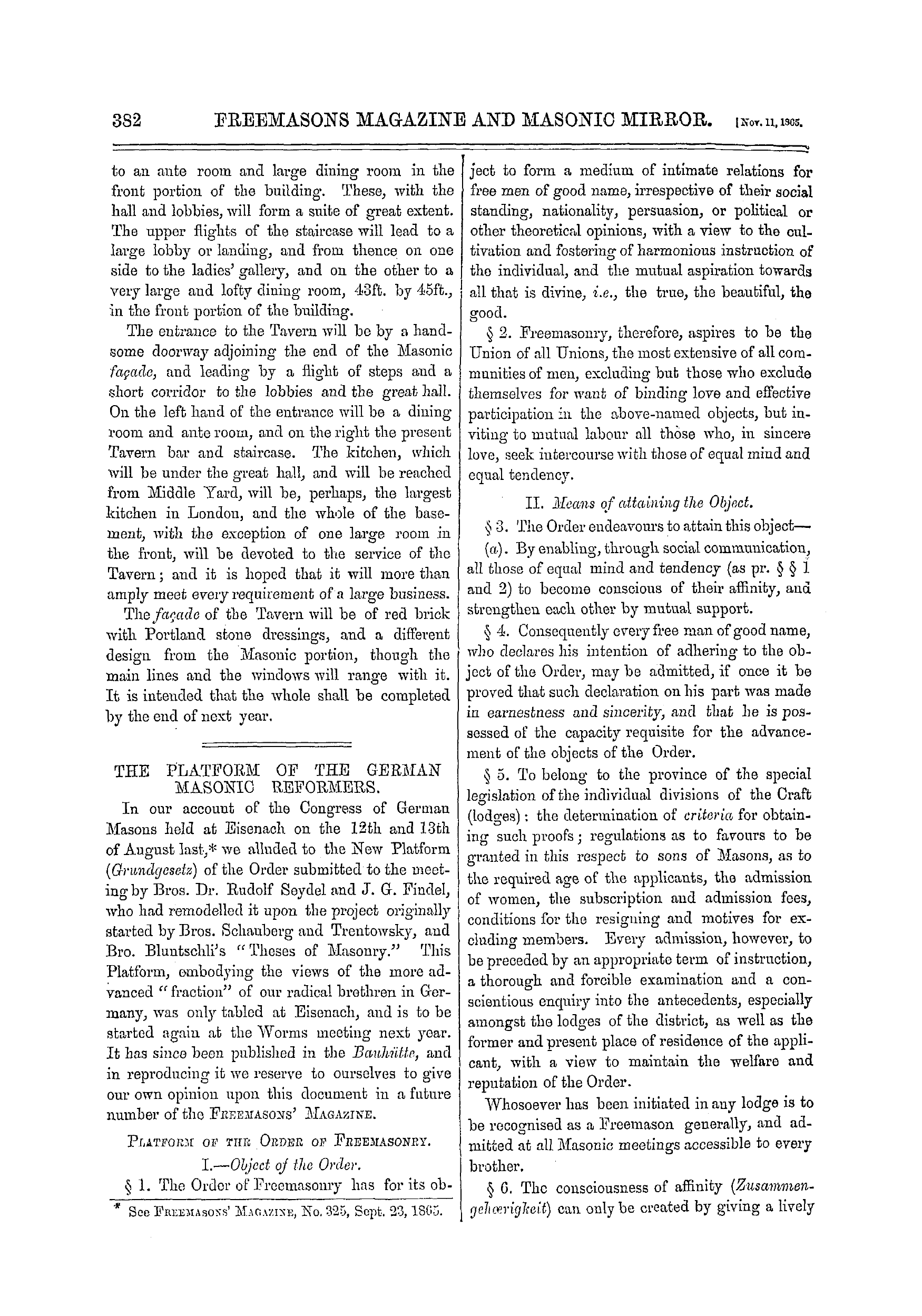 The Freemasons' Monthly Magazine: 1865-11-11 - The Platform Of The German Masonic Reformers.