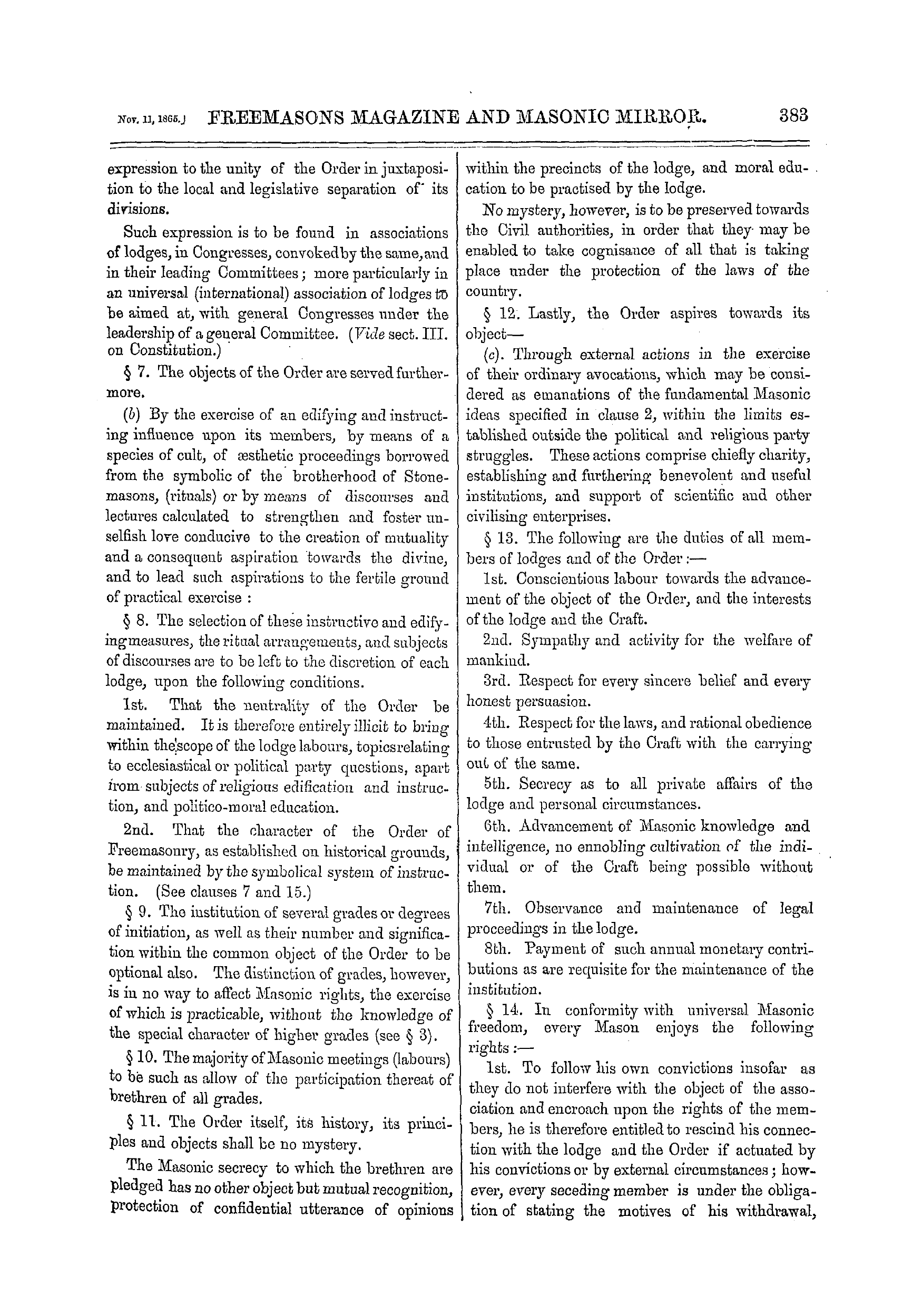 The Freemasons' Monthly Magazine: 1865-11-11 - The Platform Of The German Masonic Reformers.