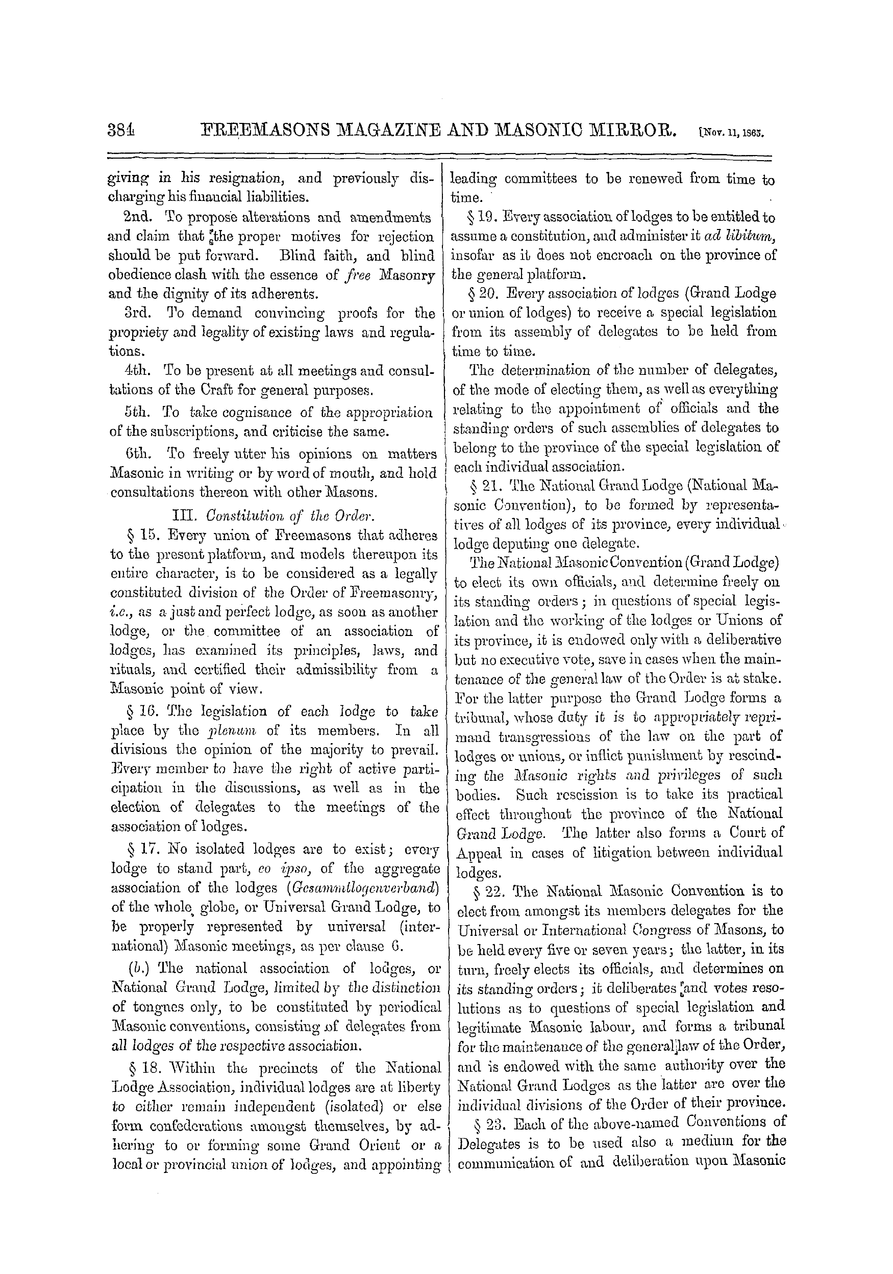 The Freemasons' Monthly Magazine: 1865-11-11 - The Platform Of The German Masonic Reformers.