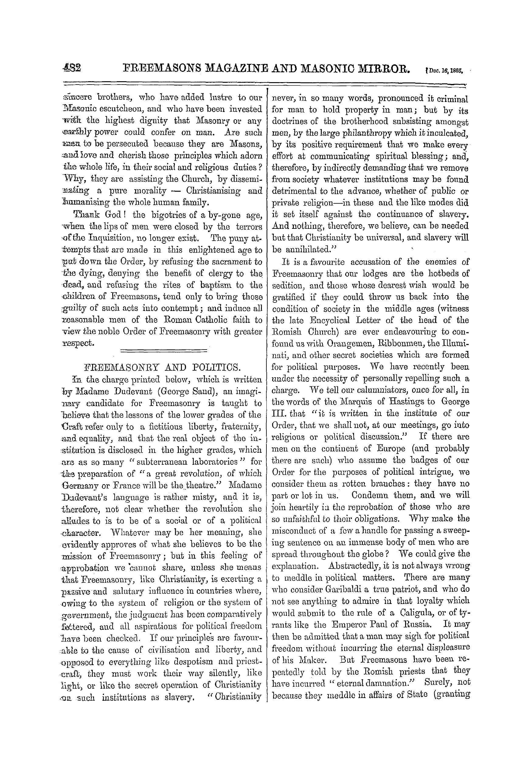 The Freemasons' Monthly Magazine: 1865-12-16 - Freemasonry And The Pope.