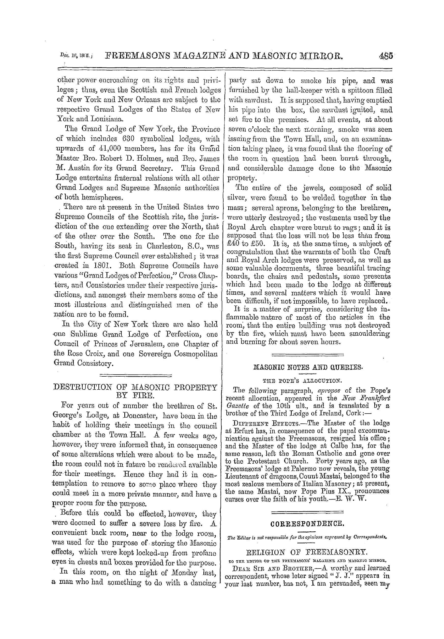 The Freemasons' Monthly Magazine: 1865-12-16 - Destruction Of Masonic Property By Fire.