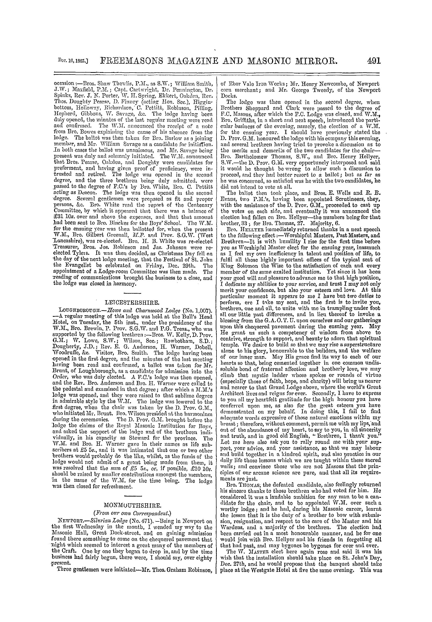 The Freemasons' Monthly Magazine: 1865-12-16 - Provincial.