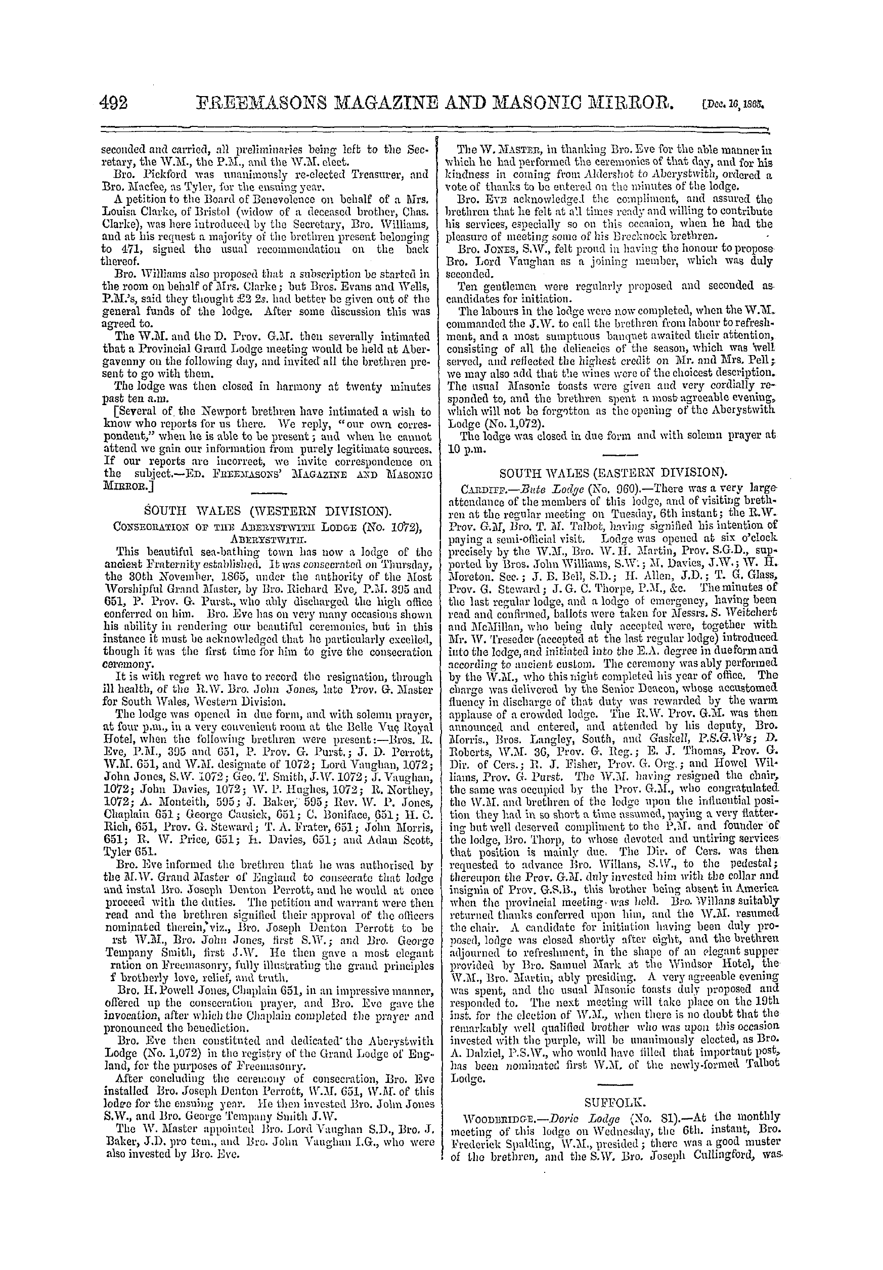 The Freemasons' Monthly Magazine: 1865-12-16 - Provincial.