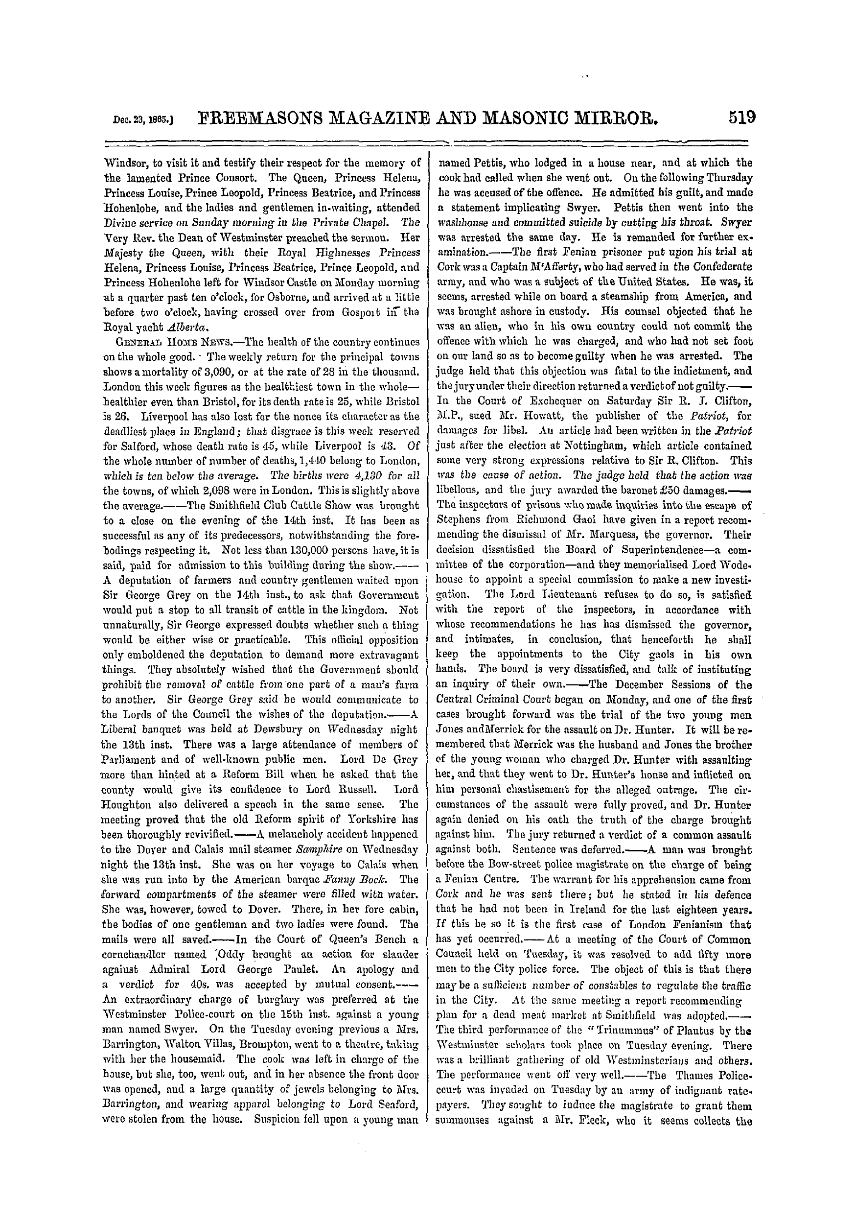 The Freemasons' Monthly Magazine: 1865-12-23 - The Week.