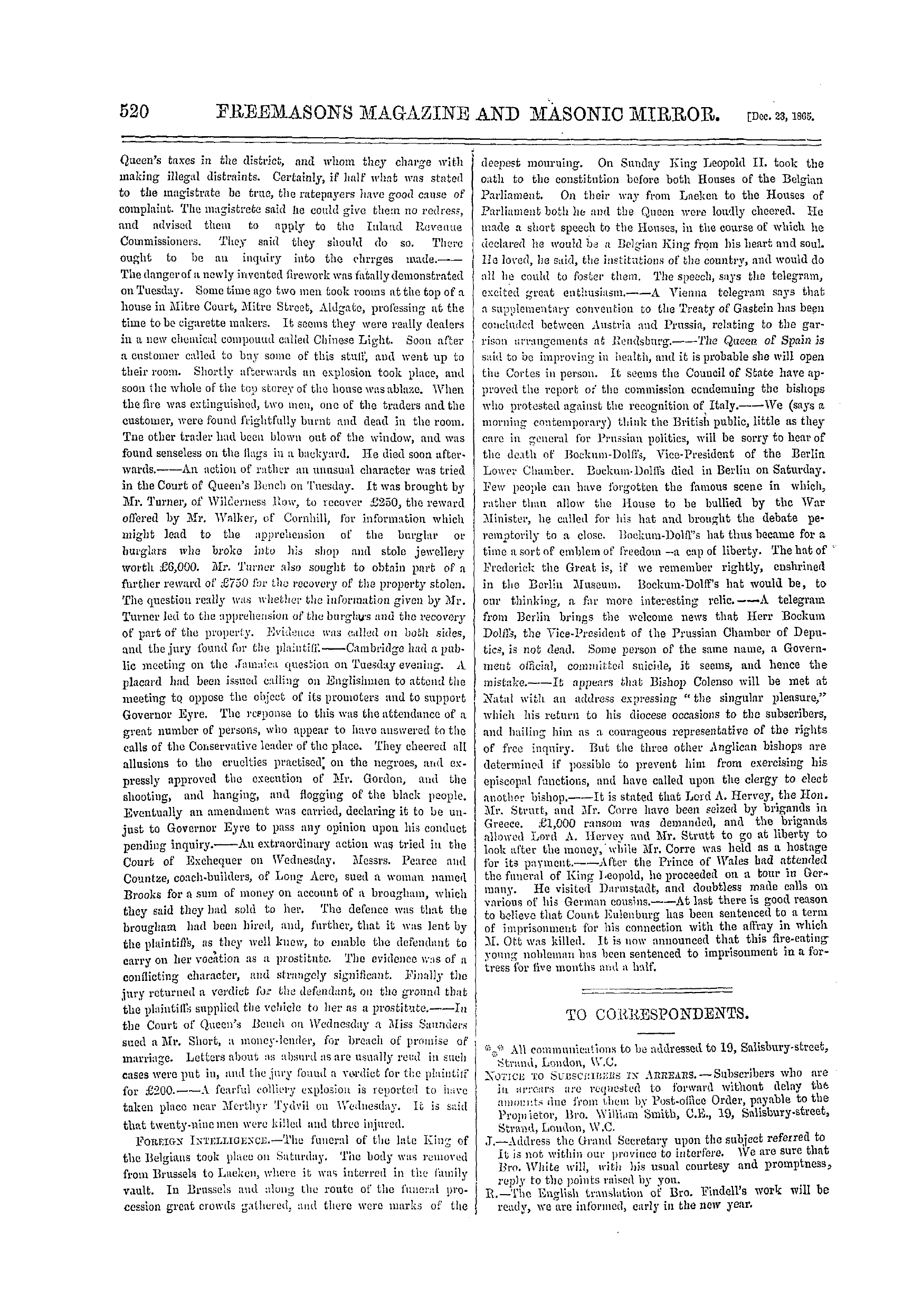 The Freemasons' Monthly Magazine: 1865-12-23 - The Week.