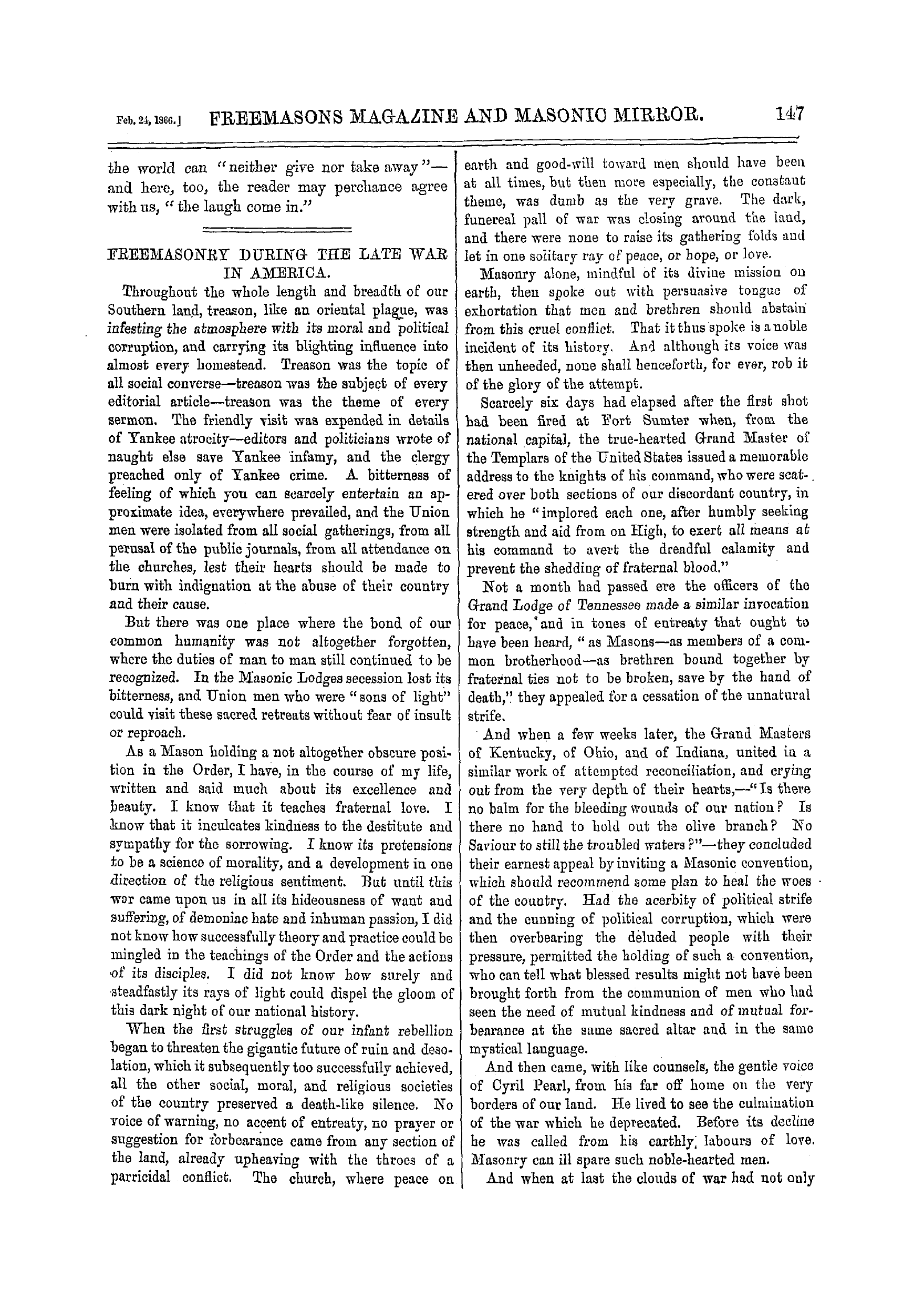 The Freemasons' Monthly Magazine: 1866-02-24 - Freemasoney During The Late War In America.