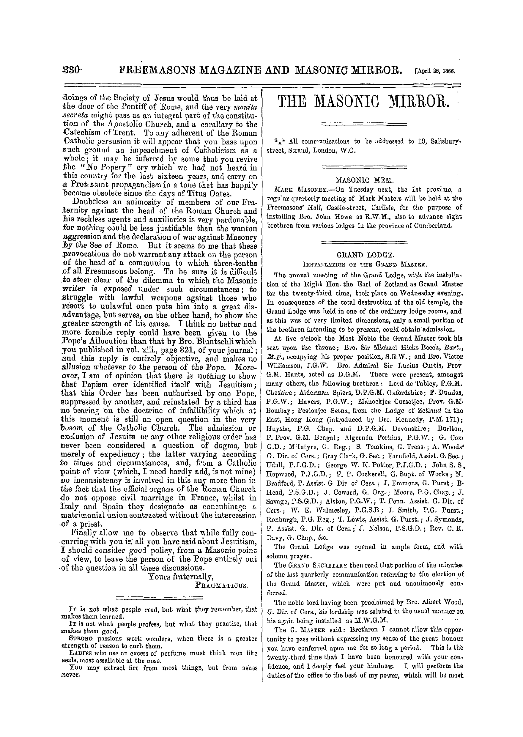 The Freemasons' Monthly Magazine: 1866-04-28 - Popery And Freemasonry.